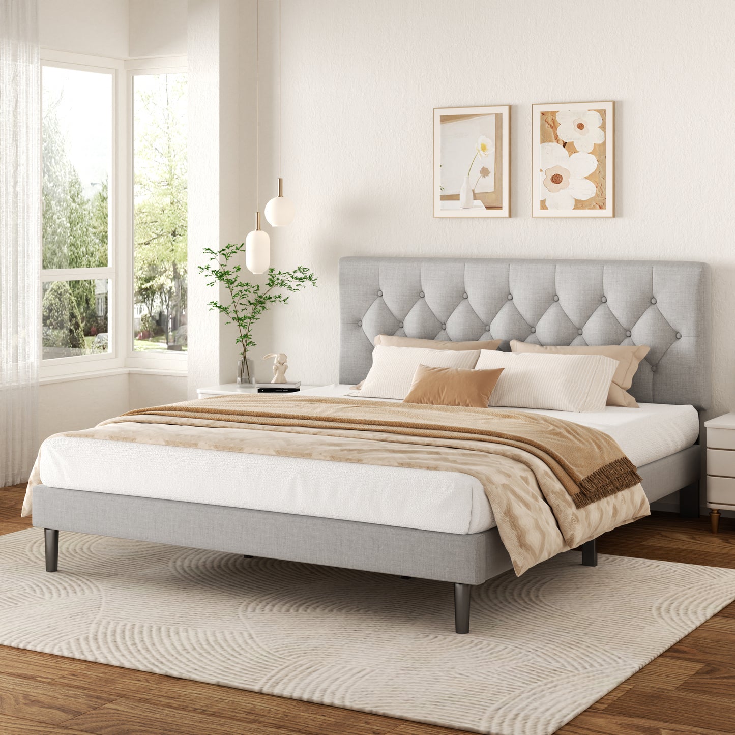 VIPLOV  Bed Frame , Modern Fabric Upholstered Platform Bed Frame with Strong Wood Slat Support, Easy Assembly