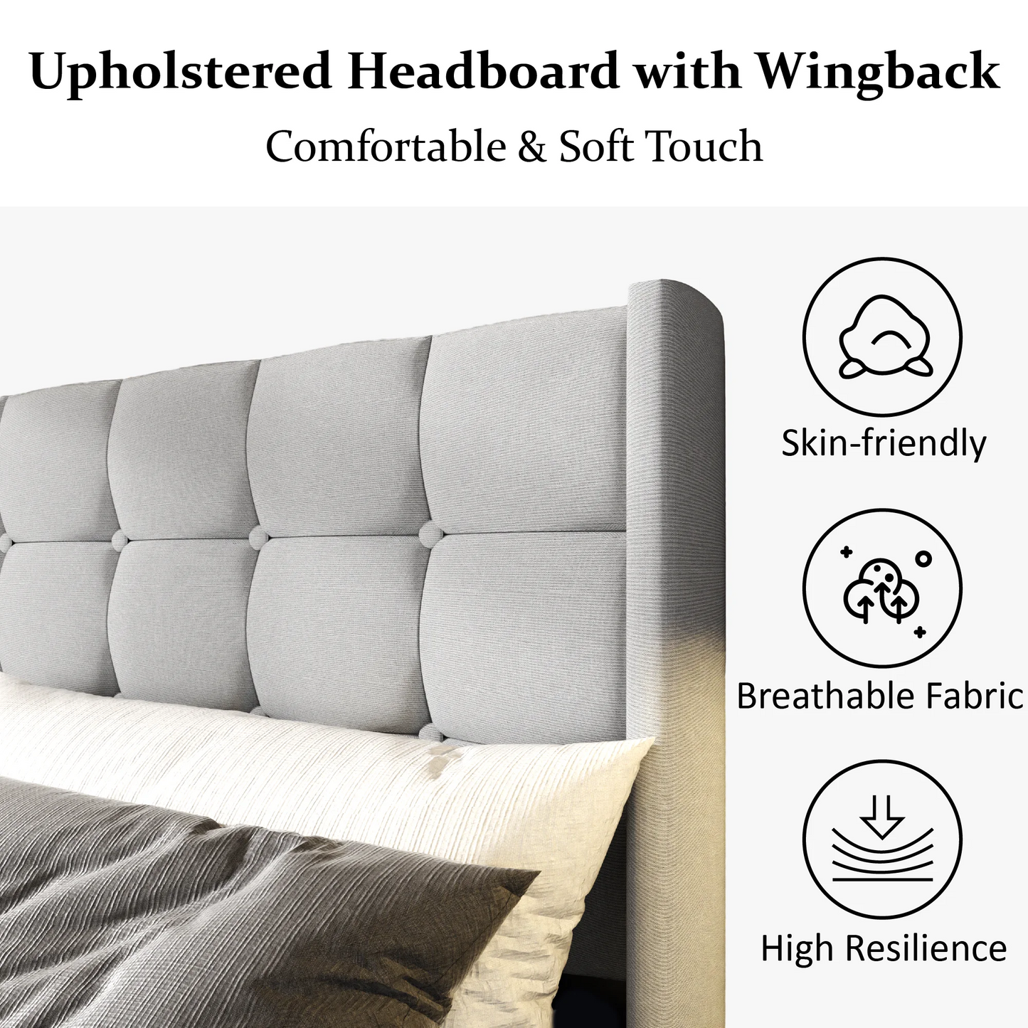 VIPLOV Bed Frame with Tufted Headboard and Upholstered Backrest, Modern Platform Bed with Wood Slat Support, No Box Spring Needed, Easy Assembly