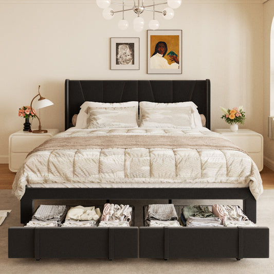 VIPLOV Bed Frame with Storage Drawers, Upholstered Platform Bed with Headboard and Wingboard, Easy Assembly
