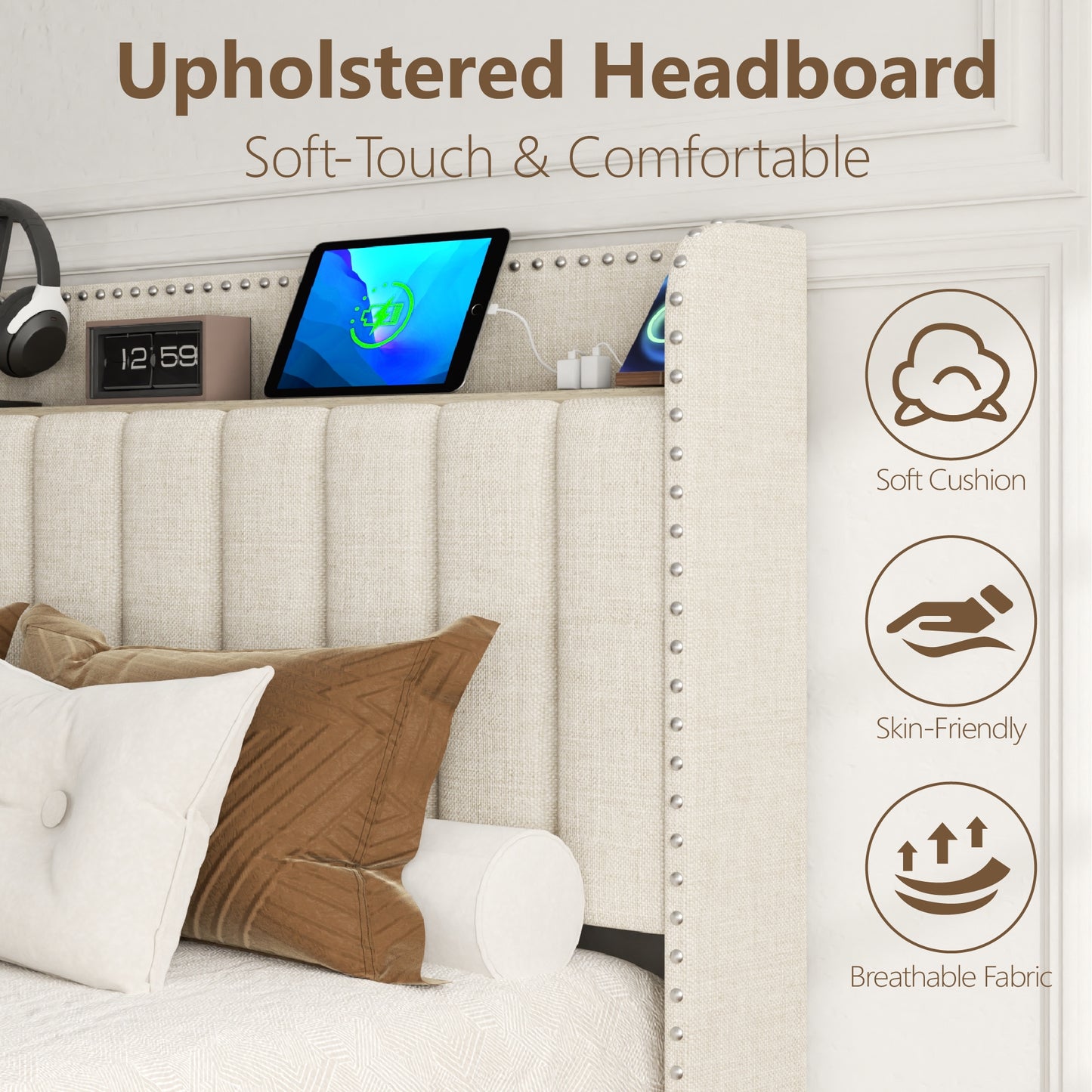 VIPLOV Bed Frame with Headboard and Storage, Platform Bed Frame with 2 Drawers, Upholstered King Size Bed Frame with Storage, Built-in Charging Station, Noiseless