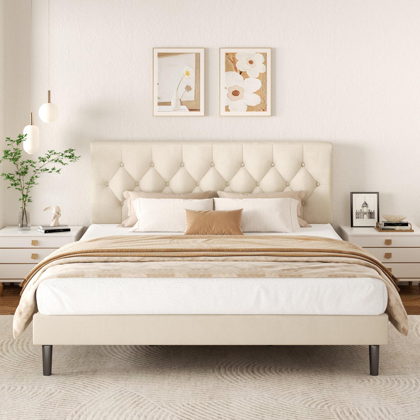 VIPLOV  Bed Frame , Modern Fabric Upholstered Platform Bed Frame with Strong Wood Slat Support, Easy Assembly