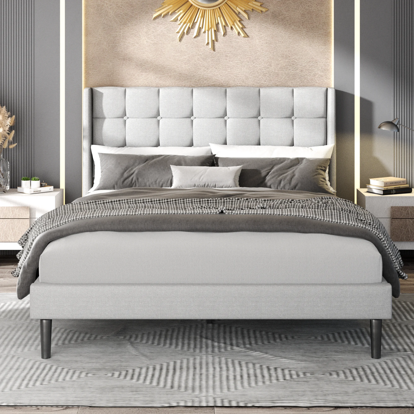 VIPLOV Bed Frame with Tufted Headboard and Upholstered Backrest, Modern Platform Bed with Wood Slat Support, No Box Spring Needed, Easy Assembly