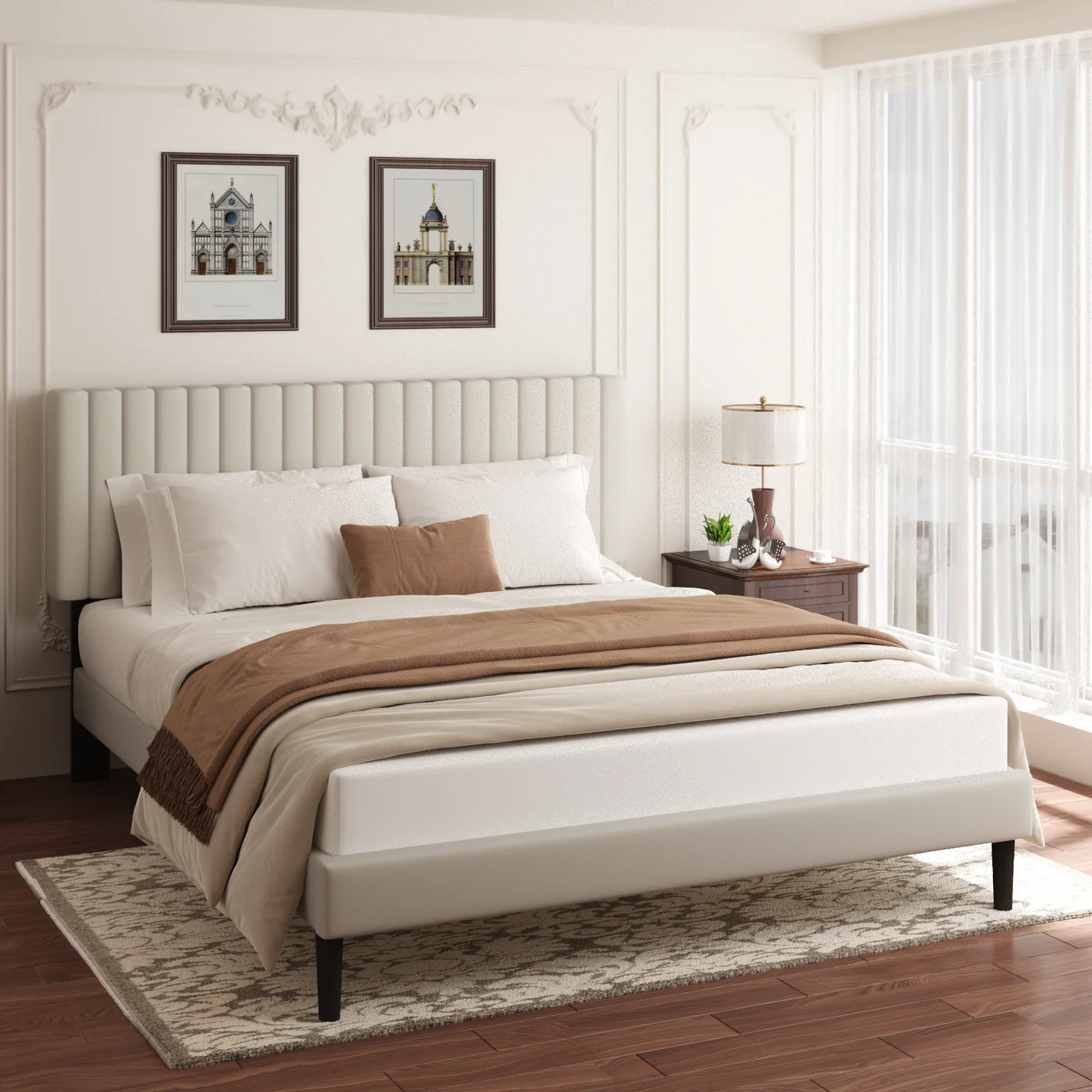 VIPLOV Bed Frame with Velvet Upholstered Headboard, Platform Bed with Strong Wood Slats, Mattress Foundation, Box Spring Optional, Easy Assembly