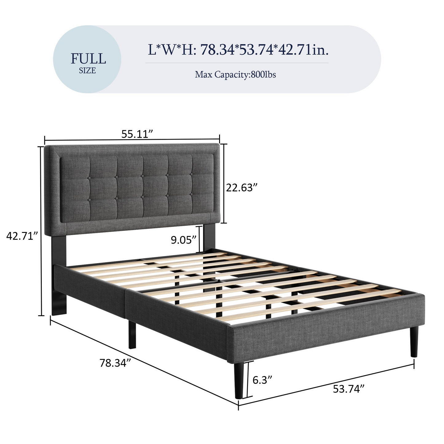 VIPLOV Bed Frame with Button Tufted Headboard, Linen Fabric Upholstered Platform Bed Frame, Mattress Foundation with Wood Slat Support, Easy Assembly, No Box Spring Needed