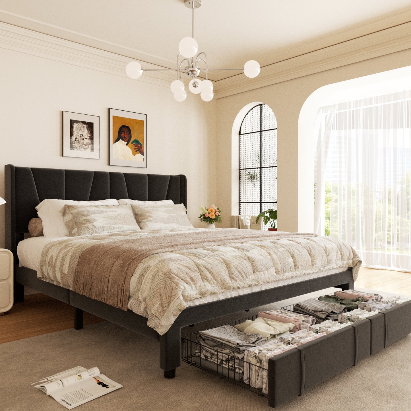 VIPLOV Bed Frame with Storage Drawers, Upholstered Platform Bed with Headboard and Wingboard, Easy Assembly