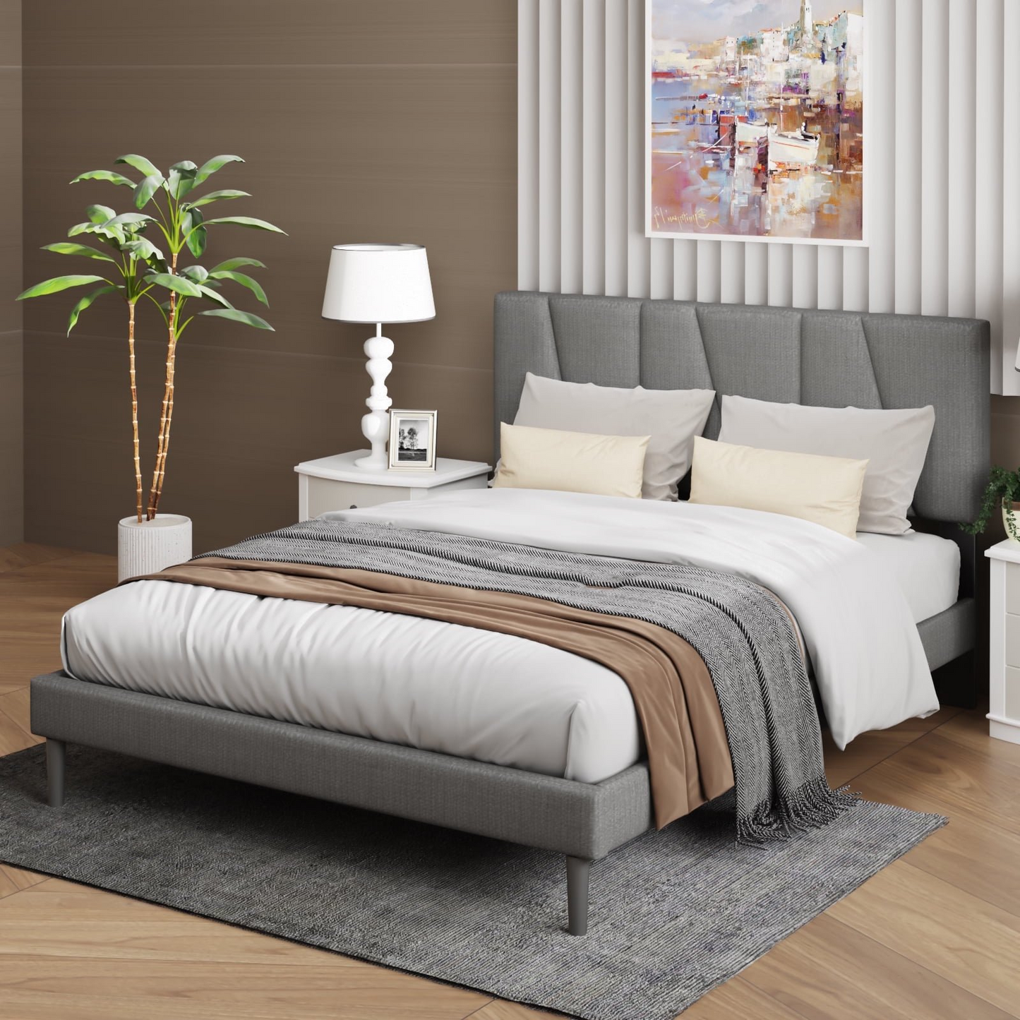 VIPLOV Bed Frame with Padded Headboard, With Wooden Slats For Support, No Box Spring Required, Easy To Assemble, No Noise