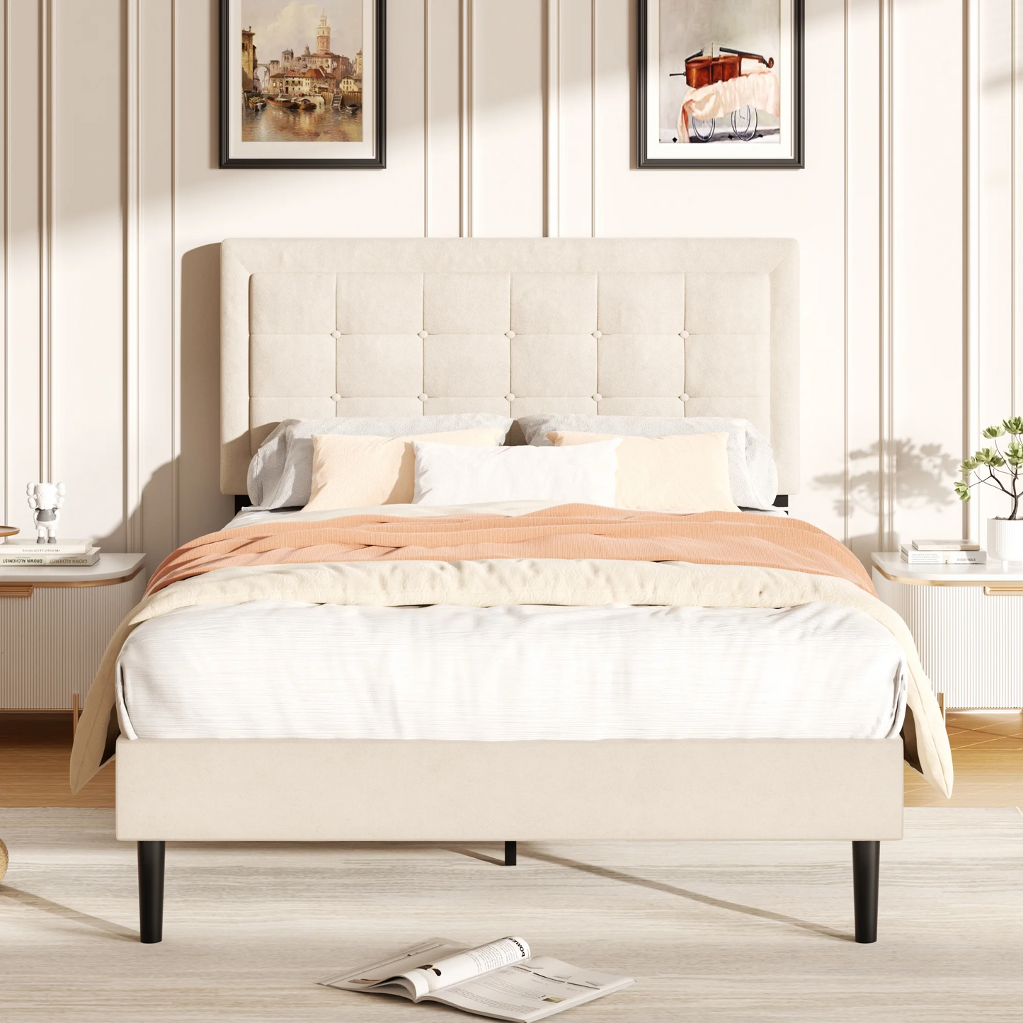 VIPLOV Bed Frame with Button Tufted Headboard, Linen Fabric Upholstered Platform Bed Frame, Mattress Foundation with Wood Slat Support, Easy Assembly, No Box Spring Needed