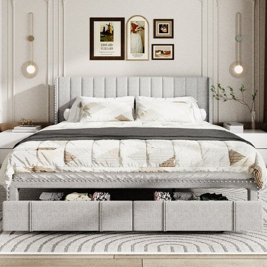 VIPLOV Size Upholstered Platform Bed Frame with Storage Drawer, Vertical Channel Tufted Wingback and Rivet Decor Headboard