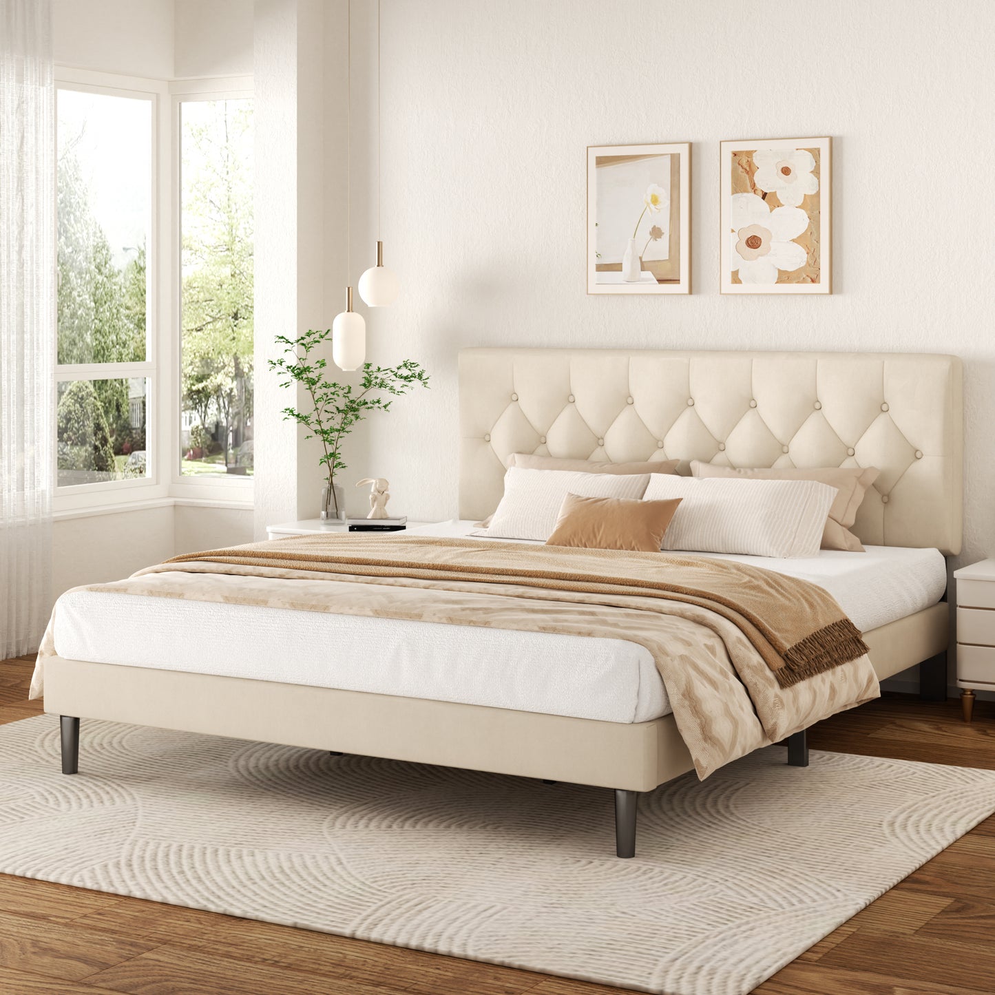 VIPLOV  Bed Frame , Modern Fabric Upholstered Platform Bed Frame with Strong Wood Slat Support, Easy Assembly