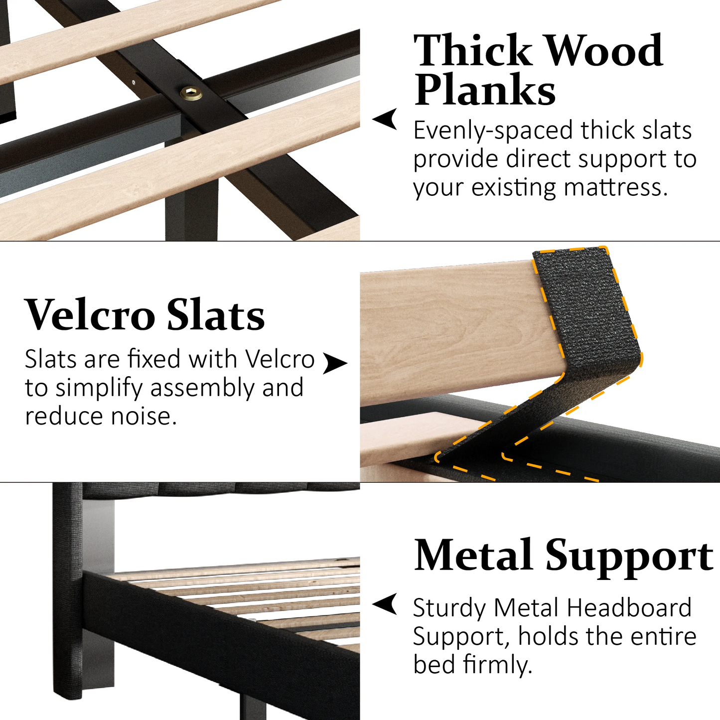 VIPLOV Bed Frame with Tufted Headboard and Upholstered Backrest, Modern Platform Bed with Wood Slat Support, No Box Spring Needed, Easy Assembly