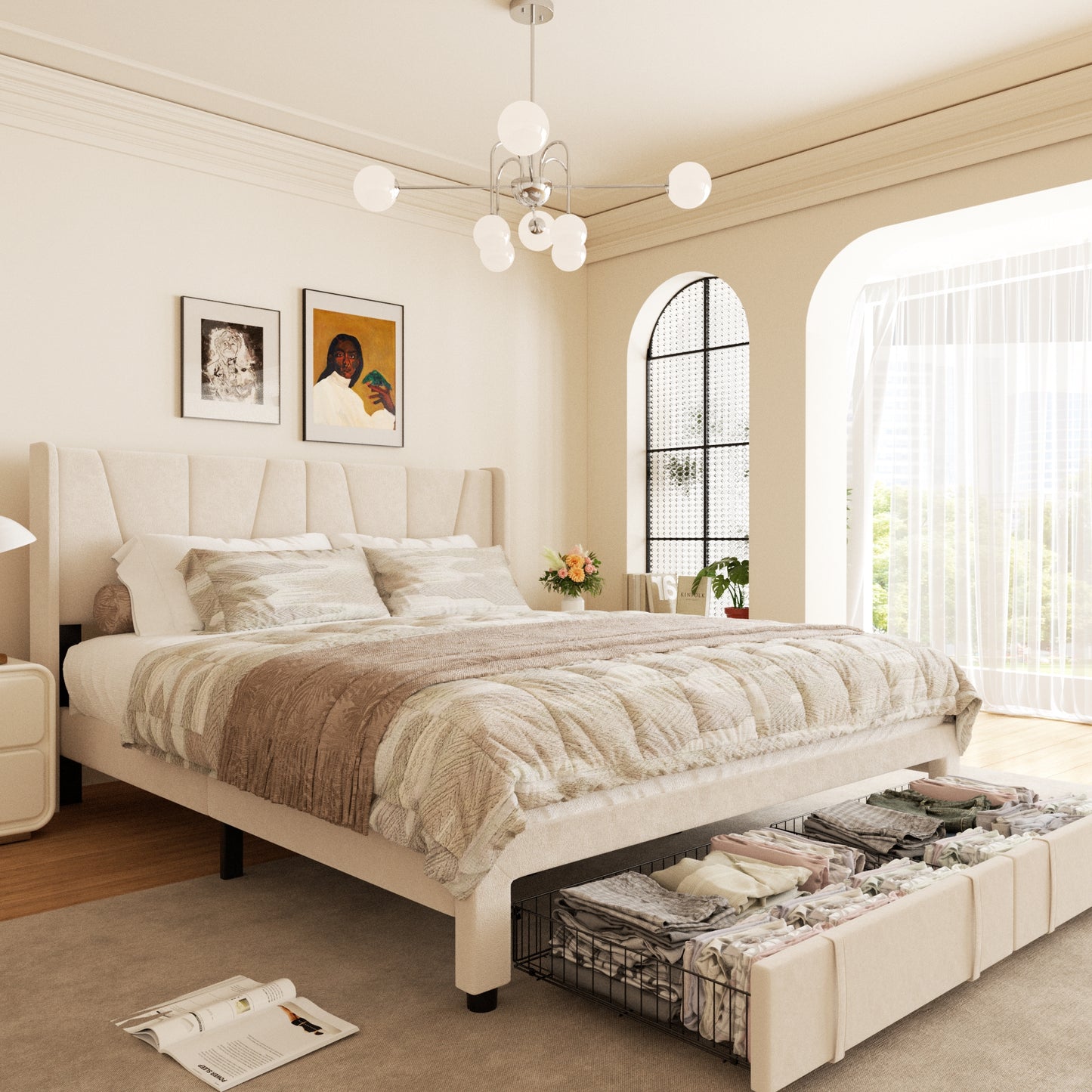 VIPLOV Bed Frame with Storage Drawers, Upholstered Platform Bed with Headboard and Wingboard, Easy Assembly