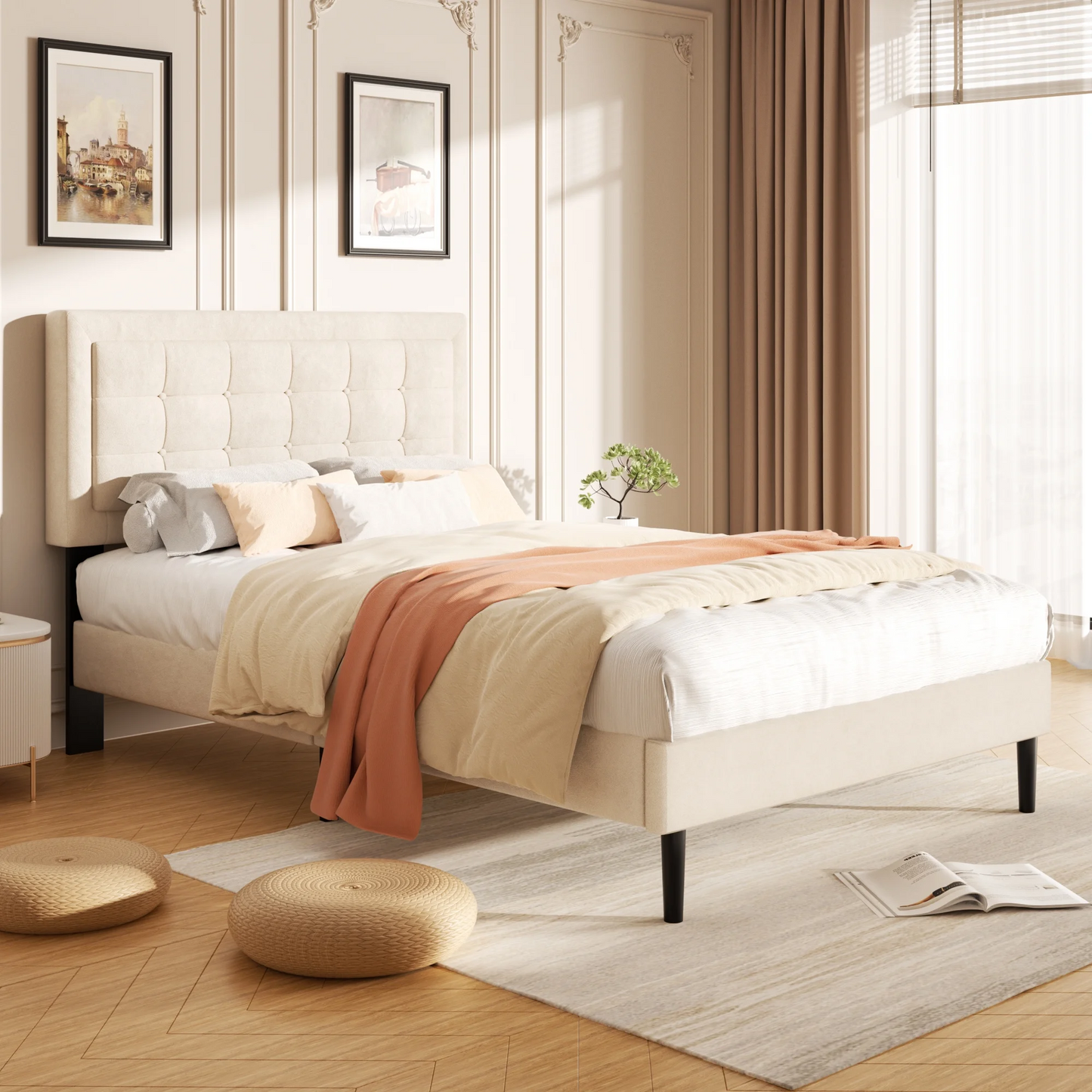 VIPLOV Bed Frame with Button Tufted Headboard, Linen Fabric Upholstered Platform Bed Frame, Mattress Foundation with Wood Slat Support, Easy Assembly, No Box Spring Needed