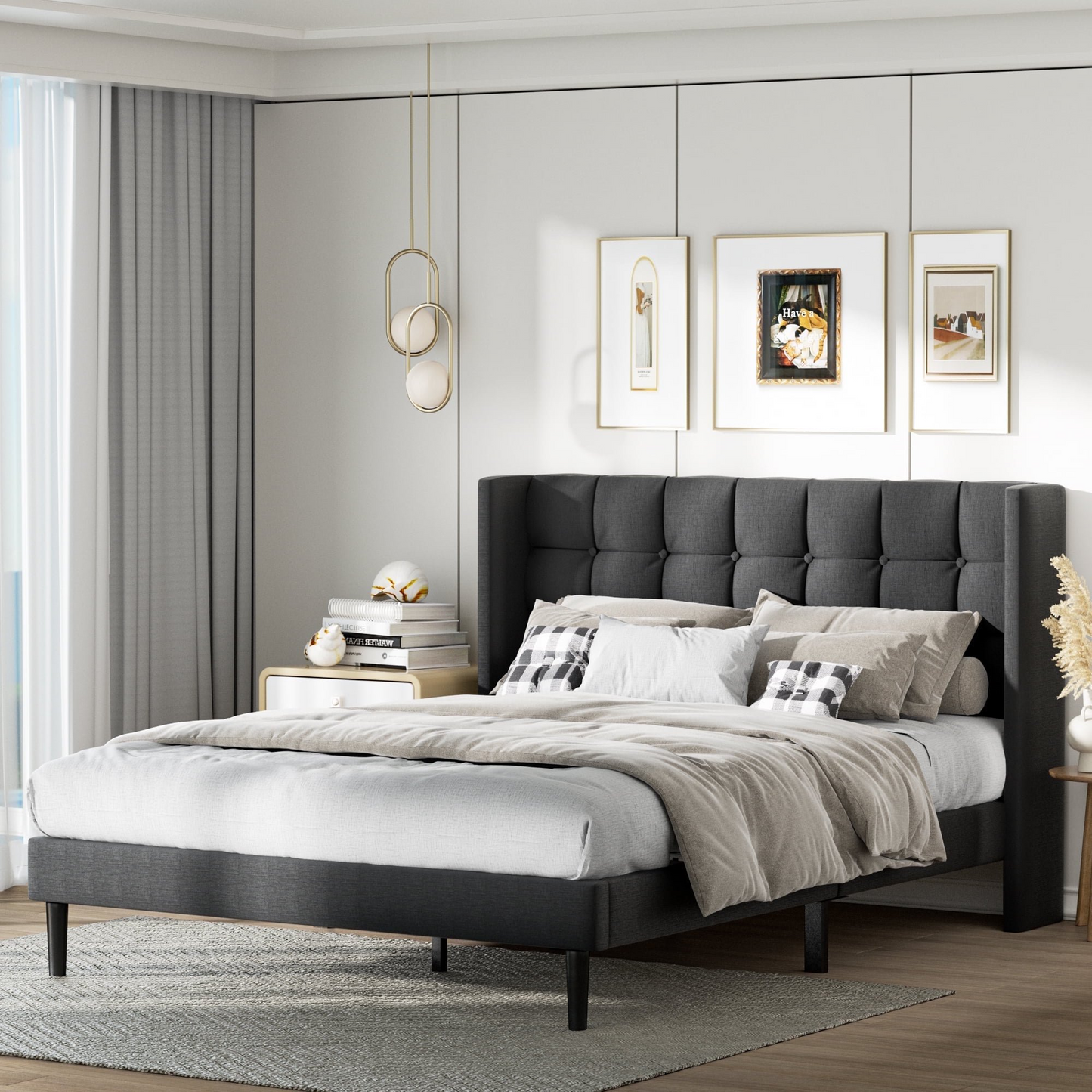 VIPLOV Bed Frame with Tufted Headboard and Upholstered Backrest, Modern Platform Bed with Wood Slat Support, No Box Spring Needed, Easy Assembly