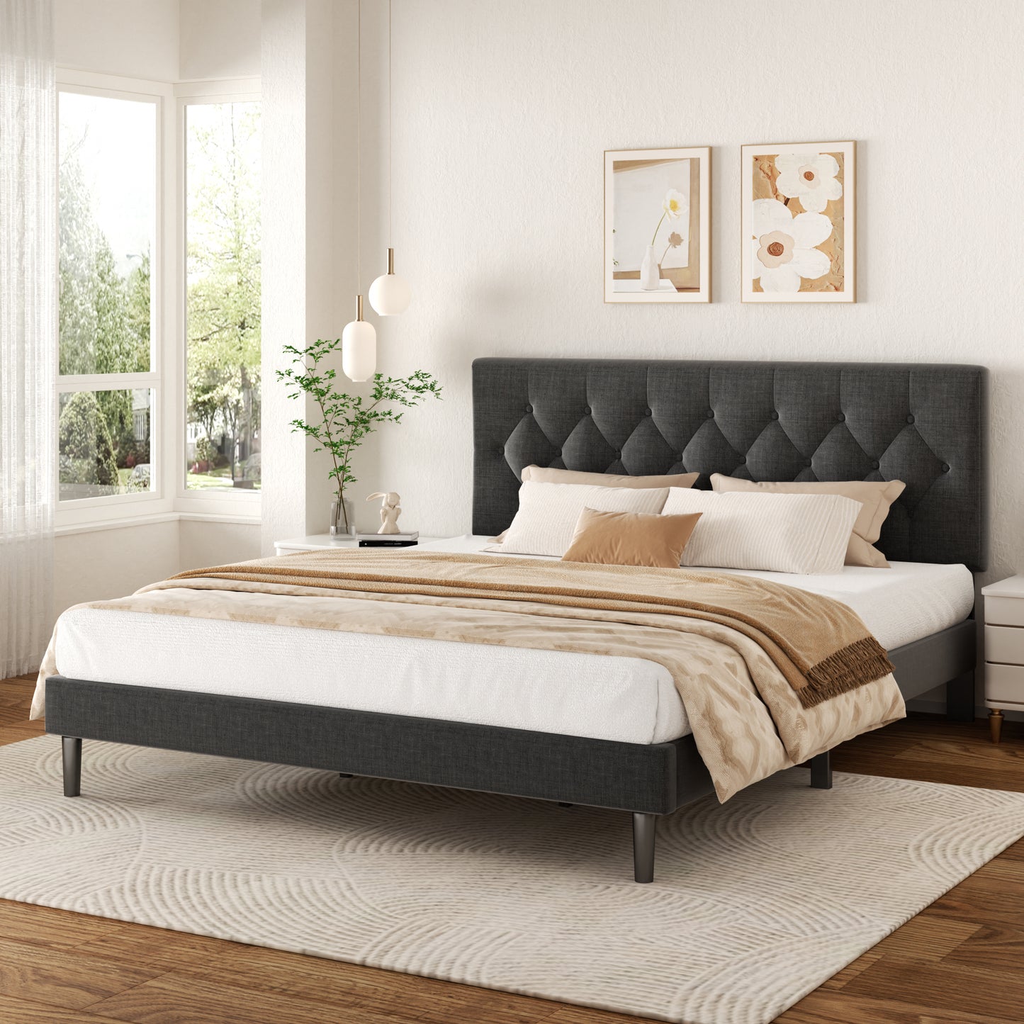 VIPLOV  Bed Frame , Modern Fabric Upholstered Platform Bed Frame with Strong Wood Slat Support, Easy Assembly