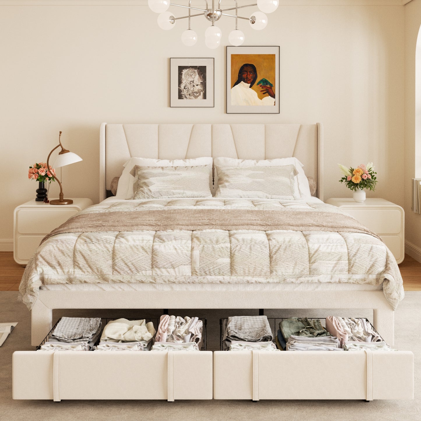 VIPLOV Bed Frame with Storage Drawers, Upholstered Platform Bed with Headboard and Wingboard, Easy Assembly