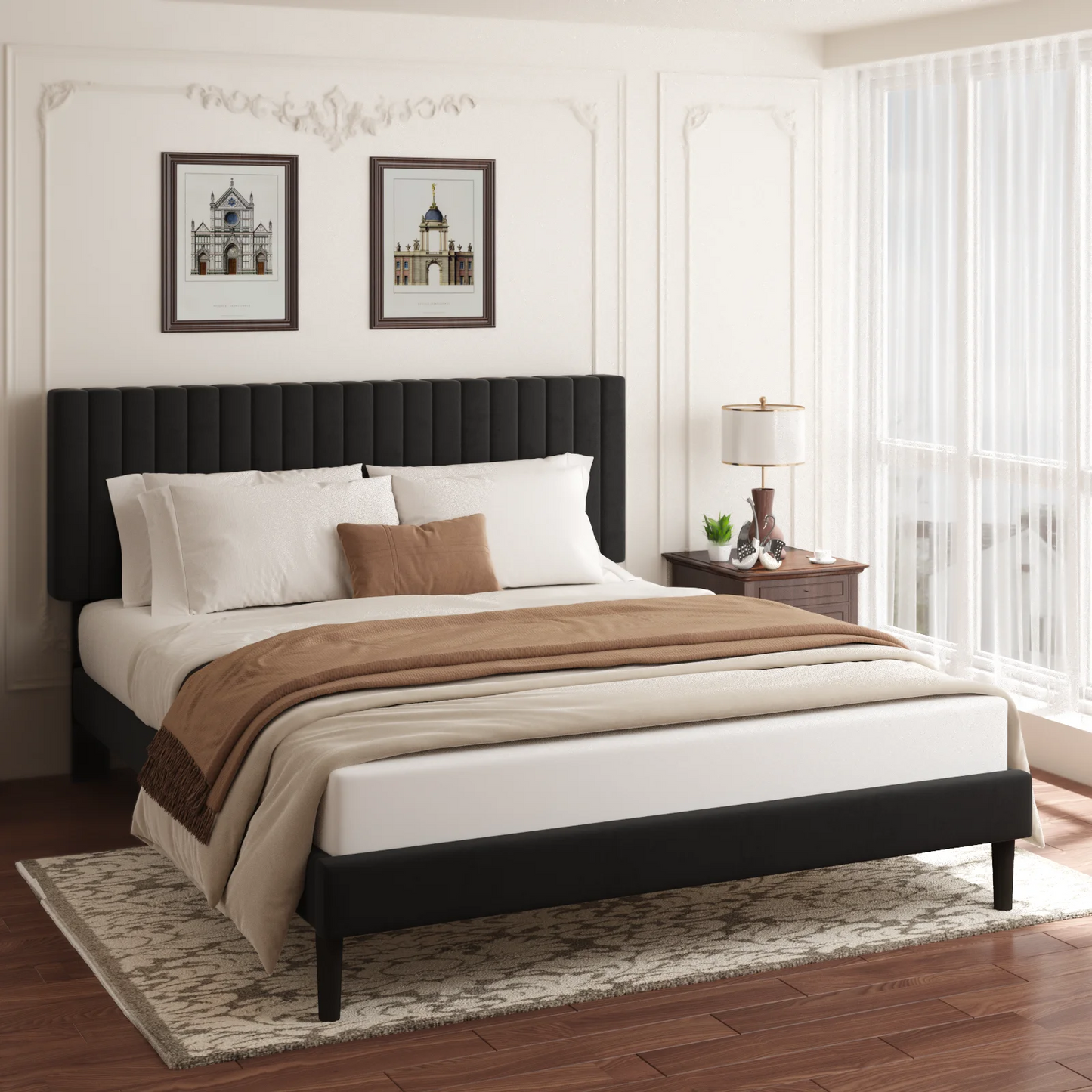 VIPLOV Bed Frame with Velvet Upholstered Headboard, Platform Bed with Strong Wood Slats, Mattress Foundation, Box Spring Optional, Easy Assembly