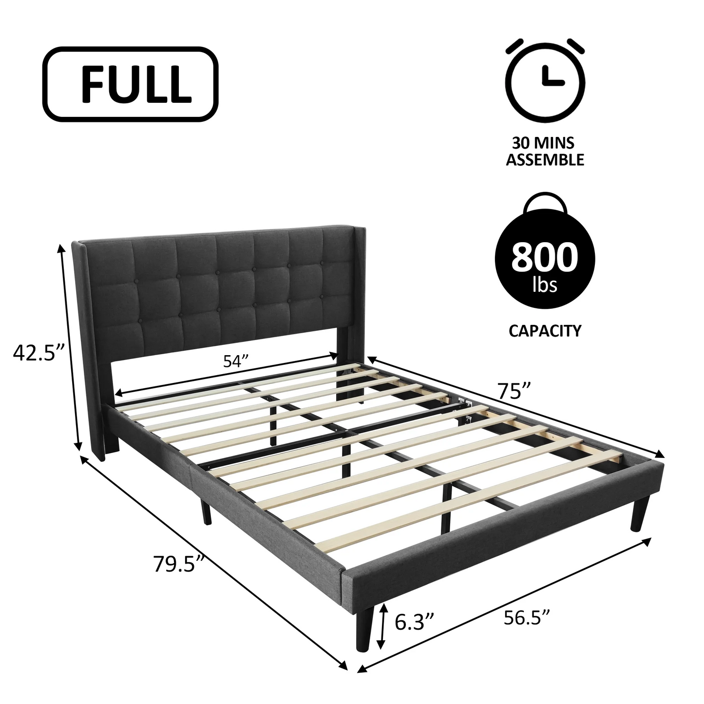 VIPLOV Bed Frame with Tufted Headboard and Upholstered Backrest, Modern Platform Bed with Wood Slat Support, No Box Spring Needed, Easy Assembly