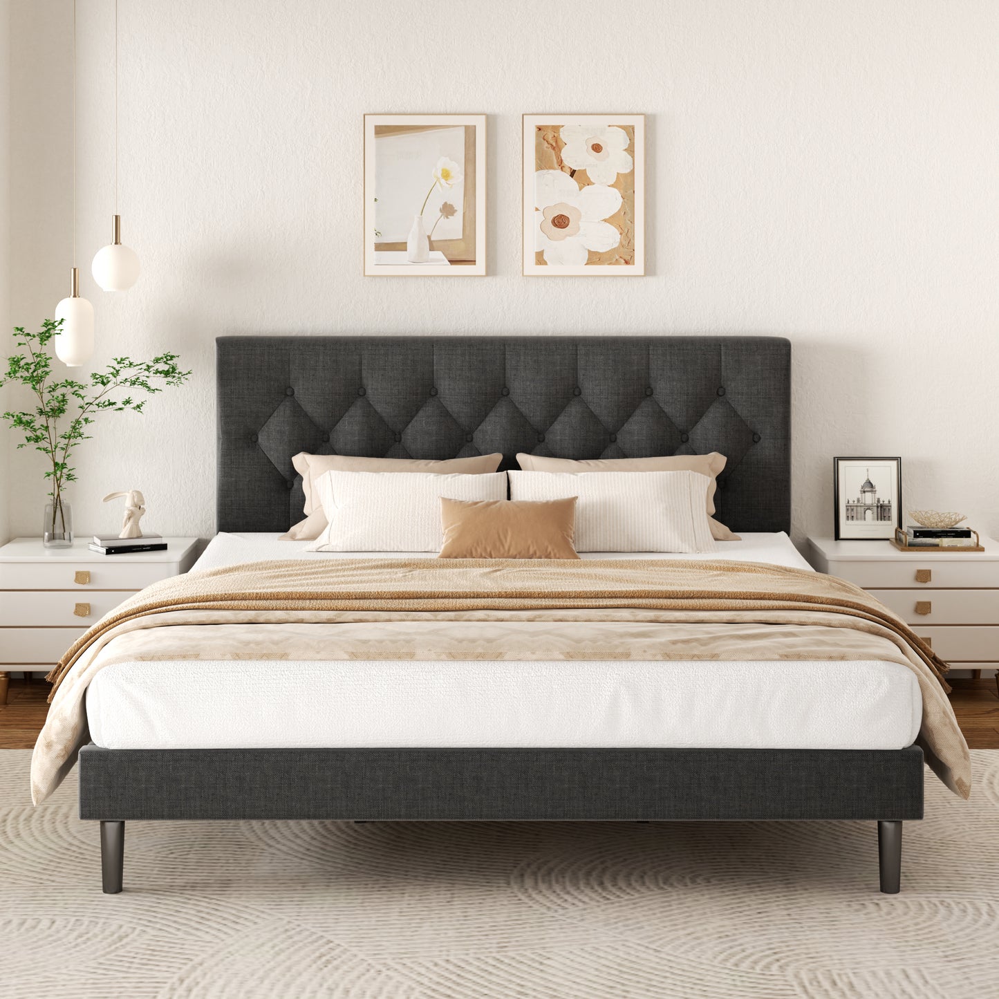 VIPLOV  Bed Frame , Modern Fabric Upholstered Platform Bed Frame with Strong Wood Slat Support, Easy Assembly