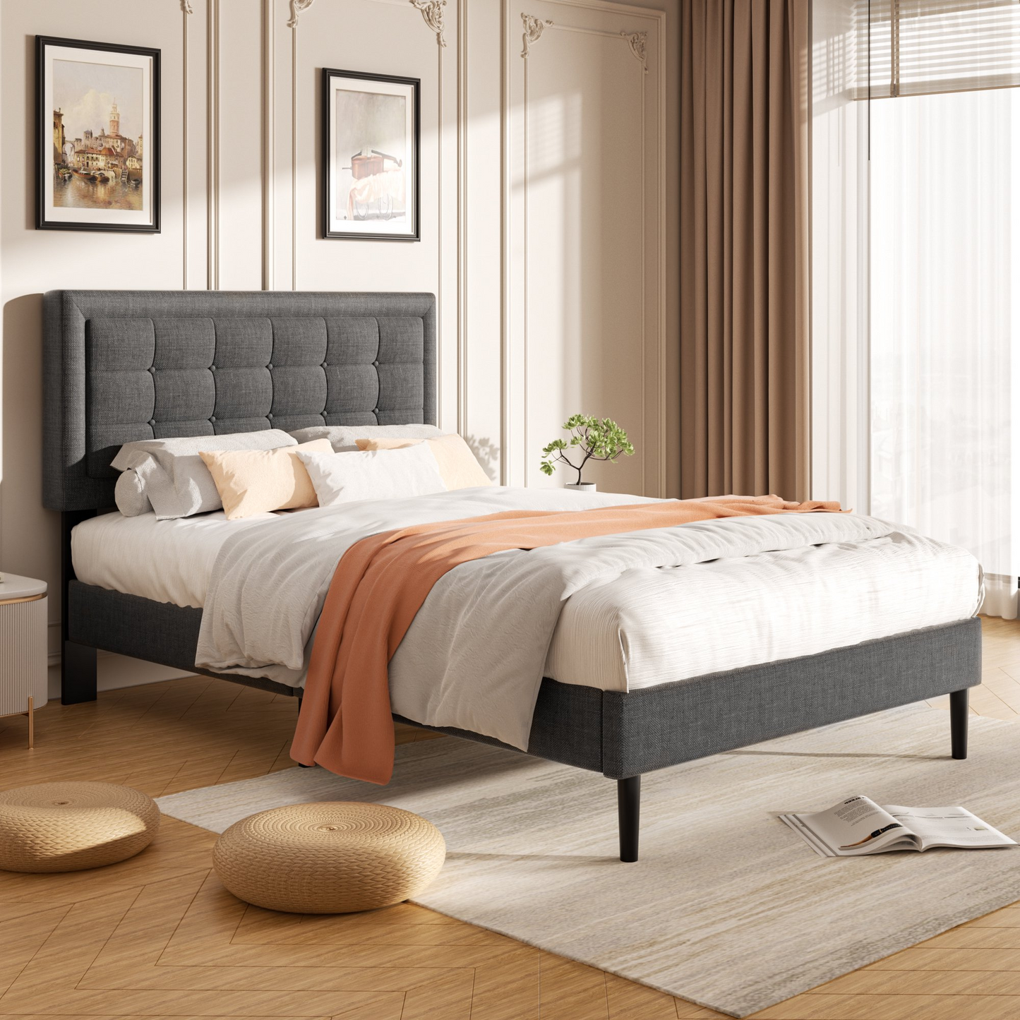 VIPLOV Bed Frame with Button Tufted Headboard, Linen Fabric Upholstered Platform Bed Frame, Mattress Foundation with Wood Slat Support, Easy Assembly, No Box Spring Needed