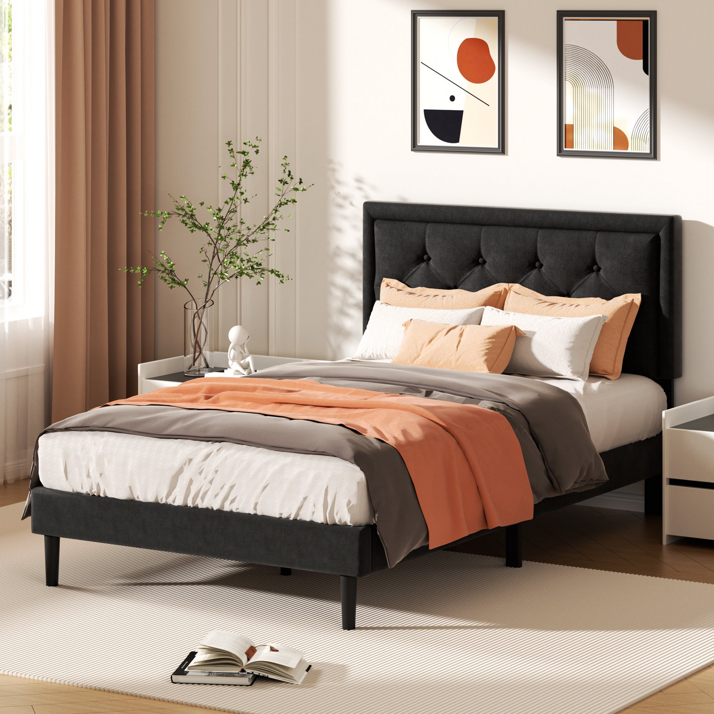 VIPLOV Bed Frame with Upholstered Velvet Button Tufted Headboard, Mattress Foundation with Wooden Slat Support, No Box Spring Needed, Easy Assembly, Noise Free,