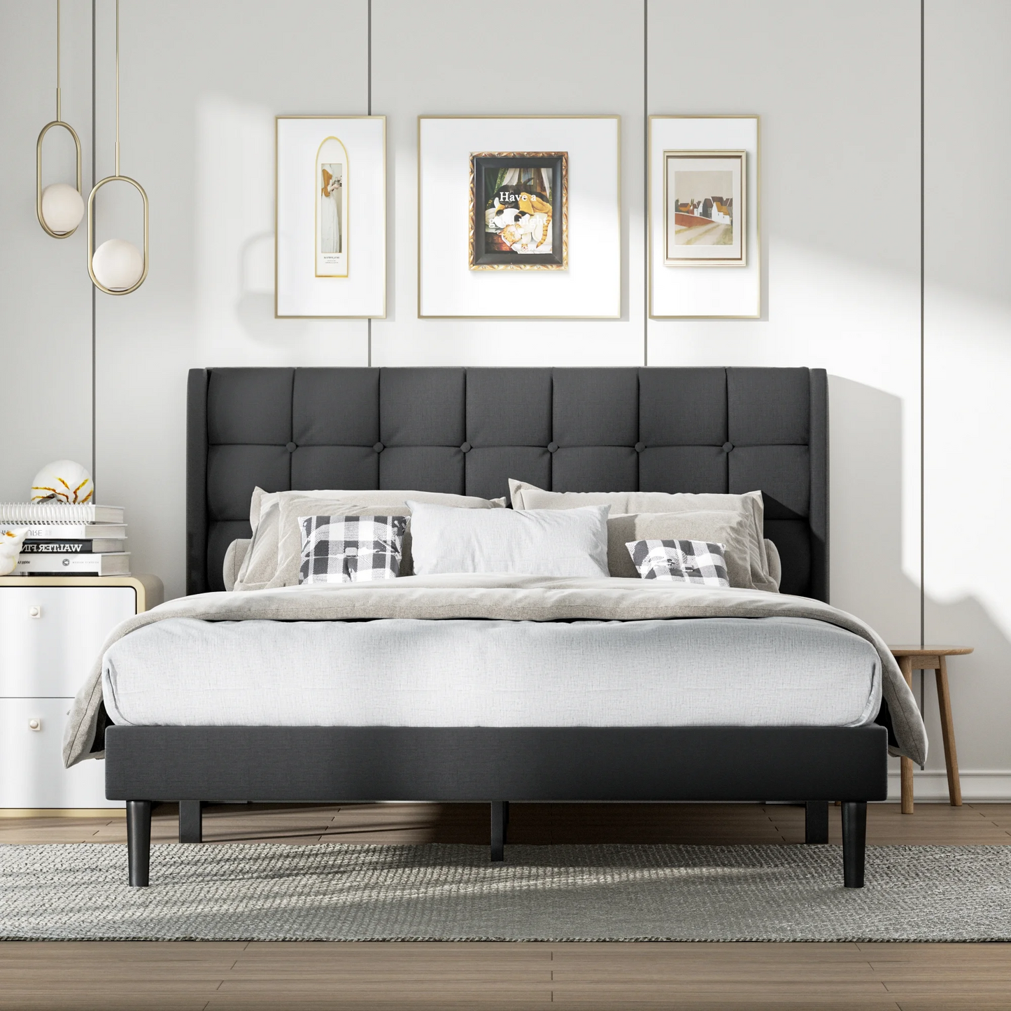 VIPLOV Bed Frame with Tufted Headboard and Upholstered Backrest, Modern Platform Bed with Wood Slat Support, No Box Spring Needed, Easy Assembly