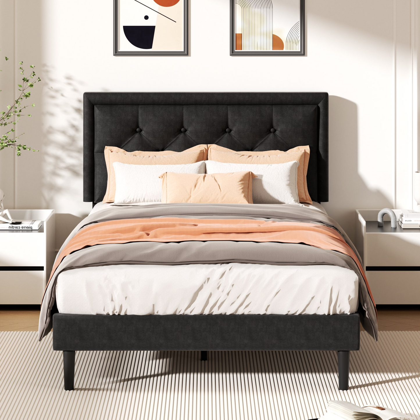 VIPLOV Bed Frame with Upholstered Velvet Button Tufted Headboard, Mattress Foundation with Wooden Slat Support, No Box Spring Needed, Easy Assembly, Noise Free,