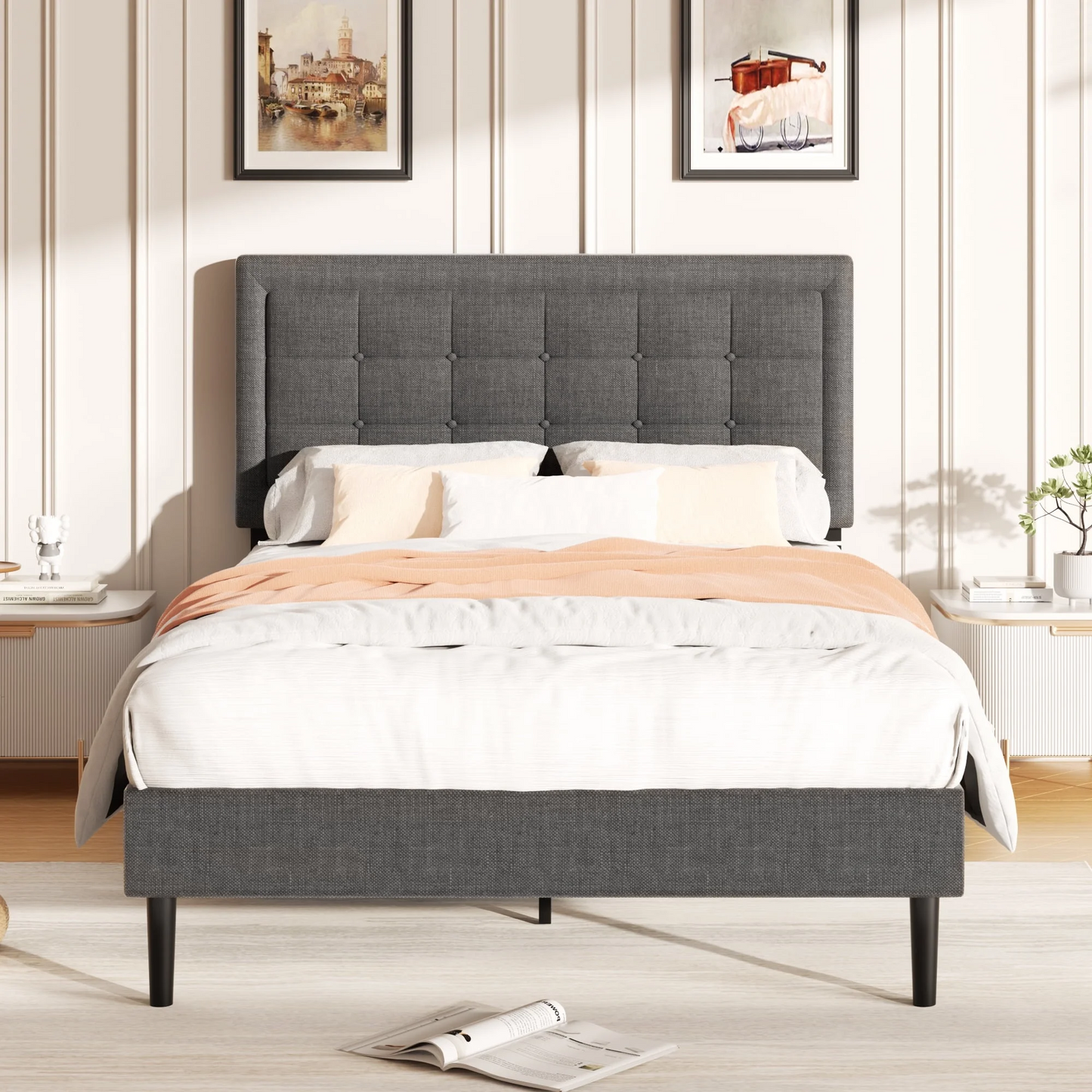 VIPLOV Bed Frame with Button Tufted Headboard, Linen Fabric Upholstered Platform Bed Frame, Mattress Foundation with Wood Slat Support, Easy Assembly, No Box Spring Needed