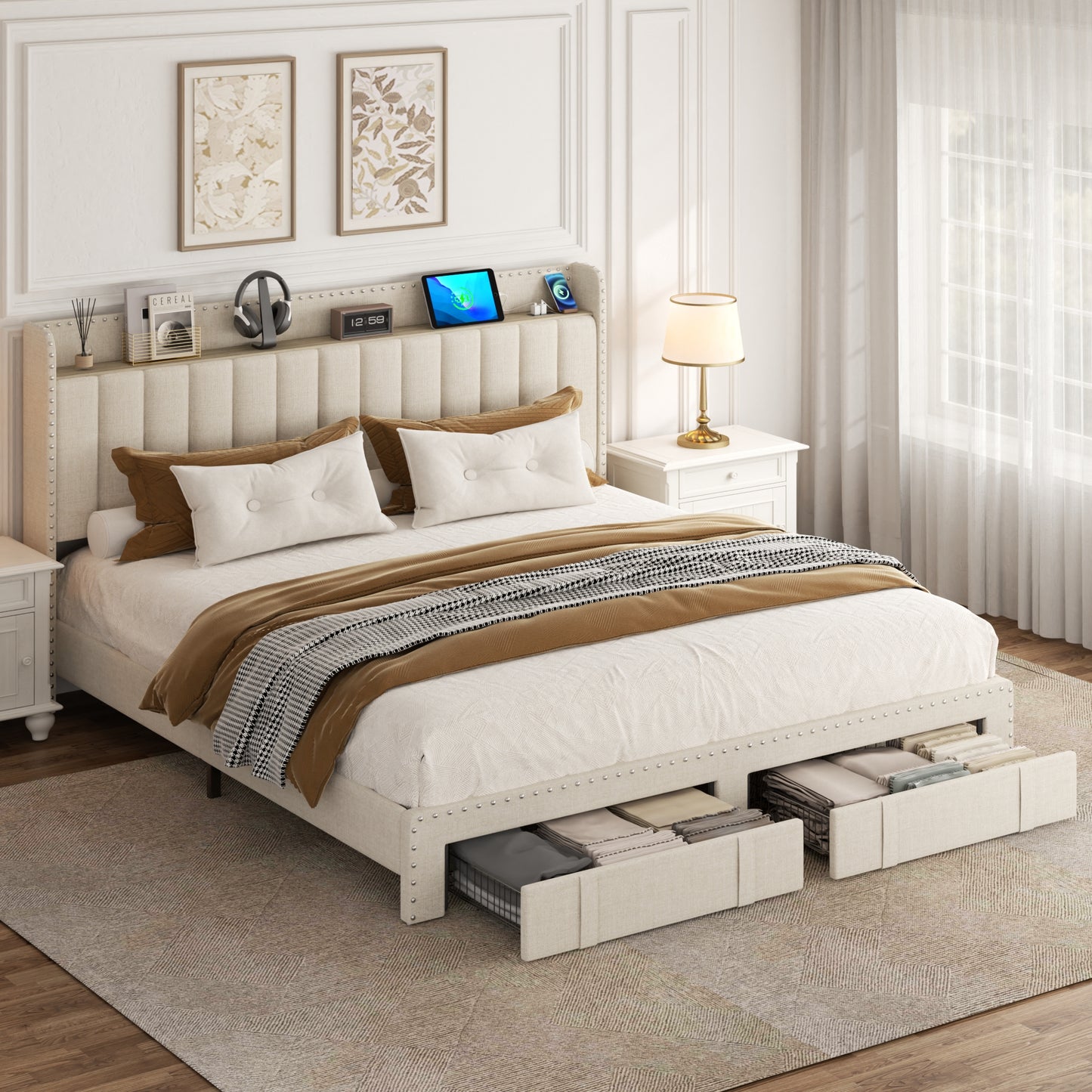 VIPLOV Bed Frame with Headboard and Storage, Platform Bed Frame with 2 Drawers, Upholstered King Size Bed Frame with Storage, Built-in Charging Station, Noiseless