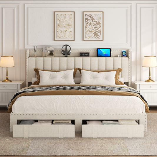 VIPLOV Bed Frame with Headboard and Storage, Platform Bed Frame with 2 Drawers, Upholstered King Size Bed Frame with Storage, Built-in Charging Station, Noiseless