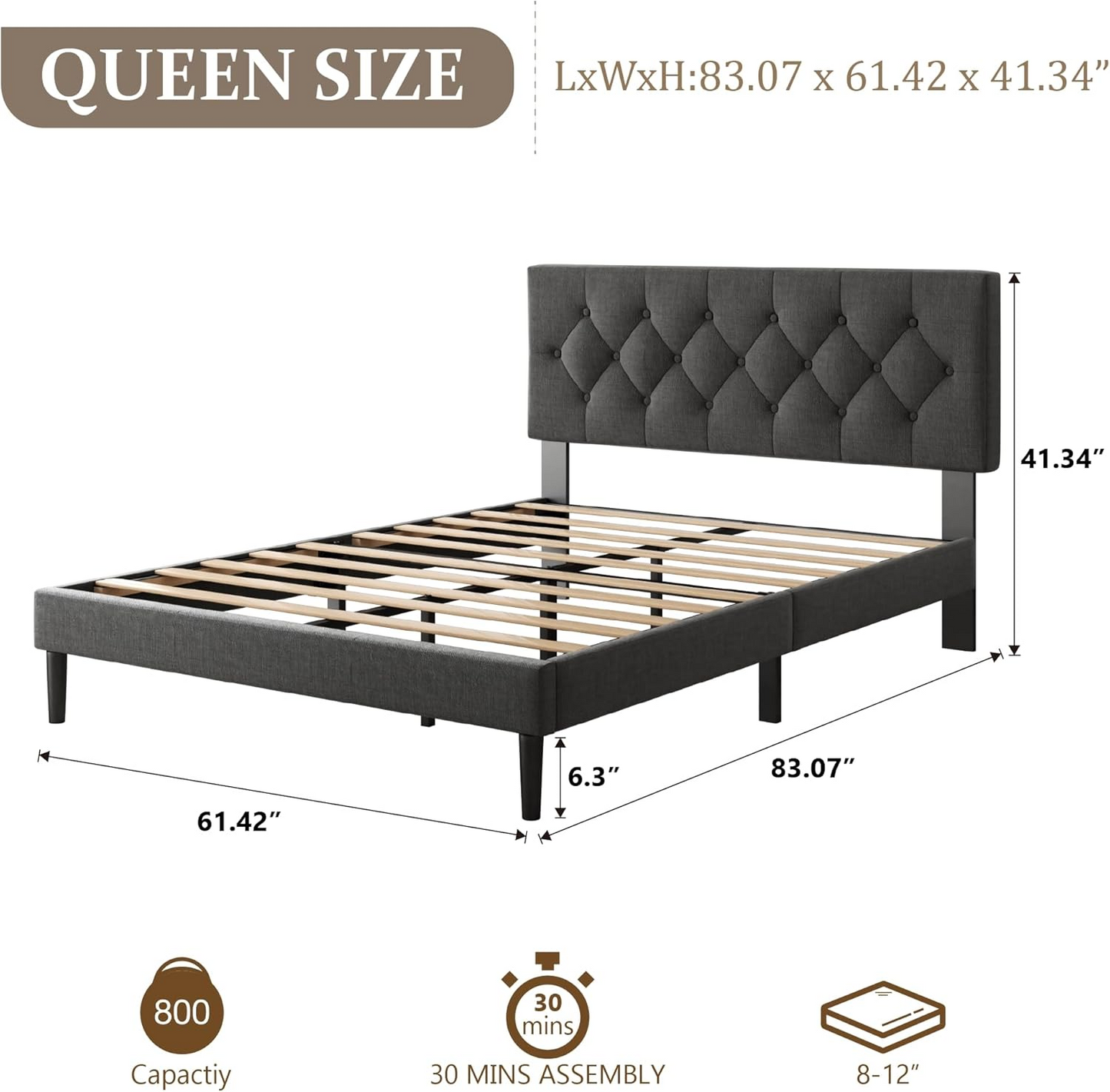 VIPLOV  Bed Frame , Modern Fabric Upholstered Platform Bed Frame with Strong Wood Slat Support, Easy Assembly