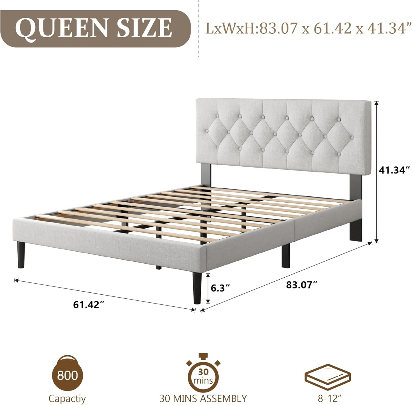 VIPLOV  Bed Frame , Modern Fabric Upholstered Platform Bed Frame with Strong Wood Slat Support, Easy Assembly