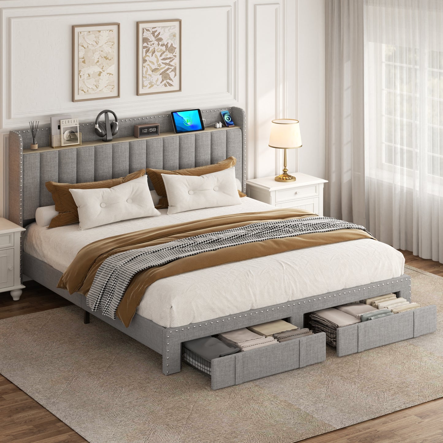 VIPLOV Bed Frame with Headboard and Storage, Platform Bed Frame with 2 Drawers, Upholstered King Size Bed Frame with Storage, Built-in Charging Station, Noiseless