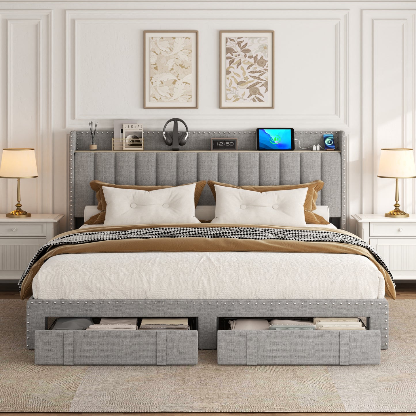 VIPLOV Bed Frame with Headboard and Storage, Platform Bed Frame with 2 Drawers, Upholstered King Size Bed Frame with Storage, Built-in Charging Station, Noiseless