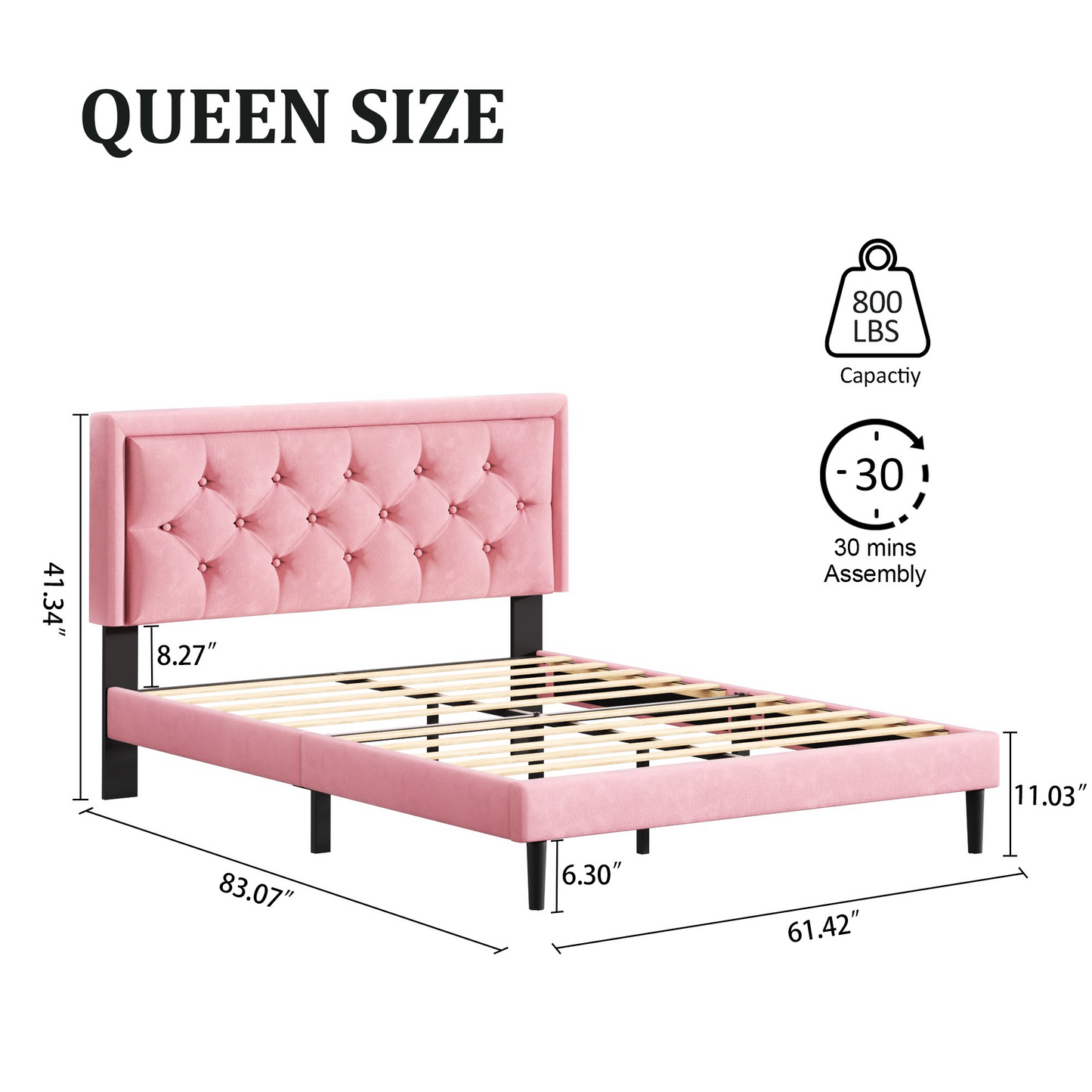 VIPLOV Bed Frame with Upholstered Velvet Button Tufted Headboard, Mattress Foundation with Wooden Slat Support, No Box Spring Needed, Easy Assembly, Noise Free,