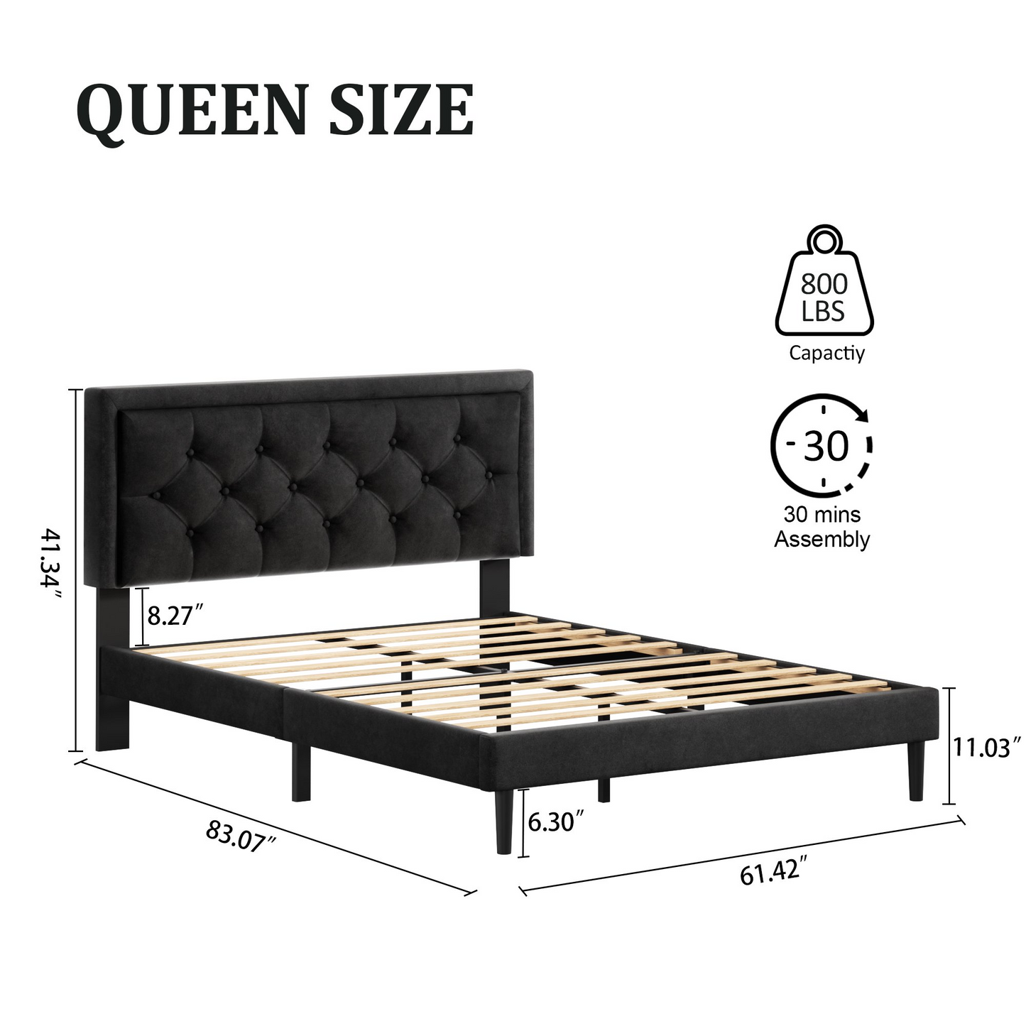 VIPLOV Bed Frame with Upholstered Velvet Button Tufted Headboard, Mattress Foundation with Wooden Slat Support, No Box Spring Needed, Easy Assembly, Noise Free,