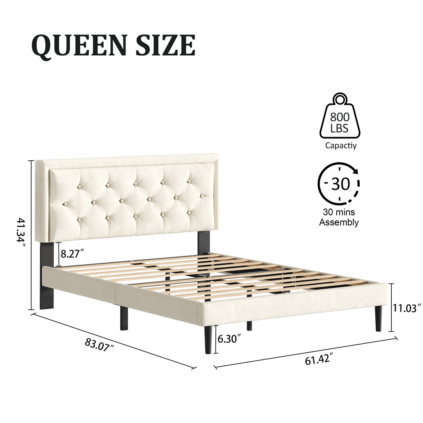VIPLOV Bed Frame with Upholstered Velvet Button Tufted Headboard, Mattress Foundation with Wooden Slat Support, No Box Spring Needed, Easy Assembly, Noise Free,