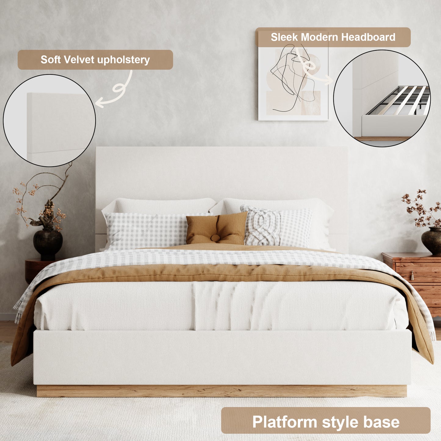 VIPLOV Bed Frame with Headboard, Upholstered Bed Frames,with Enclosed Wood Base, Metal Structure & Wood Slats Support,No Noise, Easy Assembly,