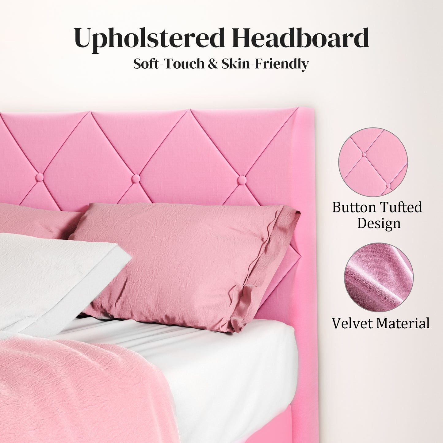 VIPLOV  Bed Frame, Upholstered Platform Bed Frame with Button Tufted Headboard, Mattress Foundation, Wooden Slats Support, Super Easy Assembly,Pink