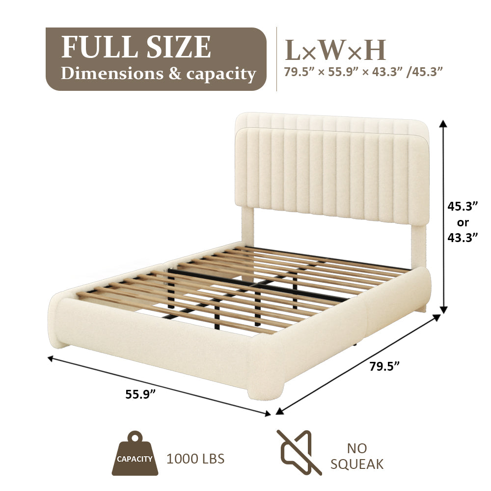 VIPLOV Full Size Boucle Bed Frame, Upholstered Cloud Platform Bed Frame with Adjustable Headboard, No Box Spring Needed, Noise Free Design, Easy Assembly