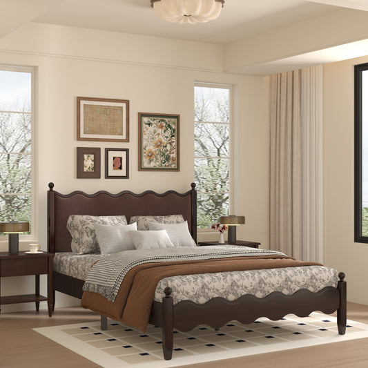 VIPLOV Wood Bed Frame with Vintage Wave Headboard, Leather Upholstered Bed Frame, Mattress Foundation, Easy Assembly