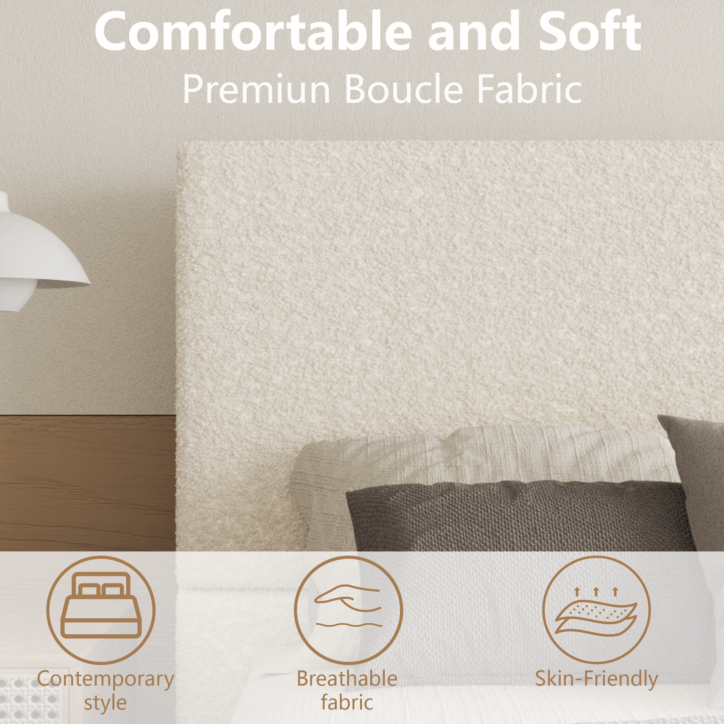 VIPLOV Boucle  Bed Base, Upholstered Platform Floor Bed with Headboard, Soft Cloud Bed with Thickened Wide Headboard, Easy Assembly, Cream