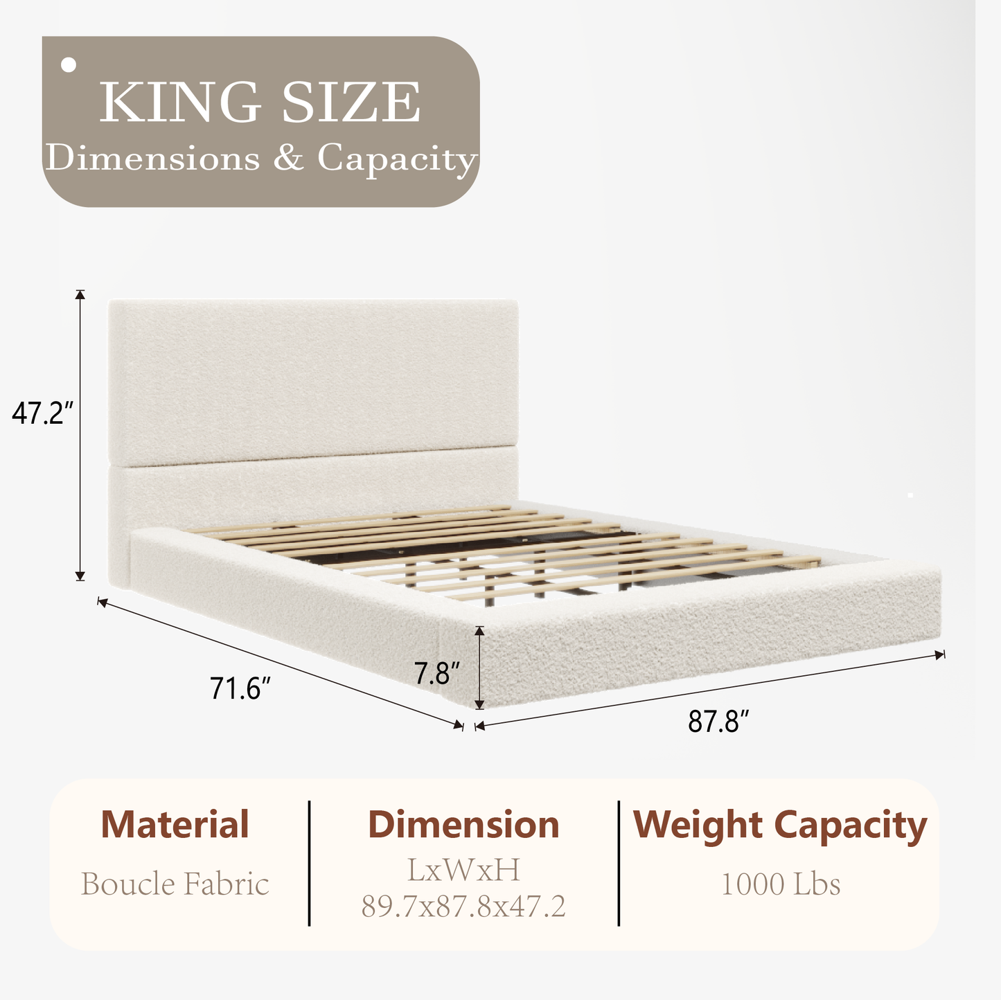 VIPLOV Boucle  Bed Base, Upholstered Platform Floor Bed with Headboard, Soft Cloud Bed with Thickened Wide Headboard, Easy Assembly, Cream