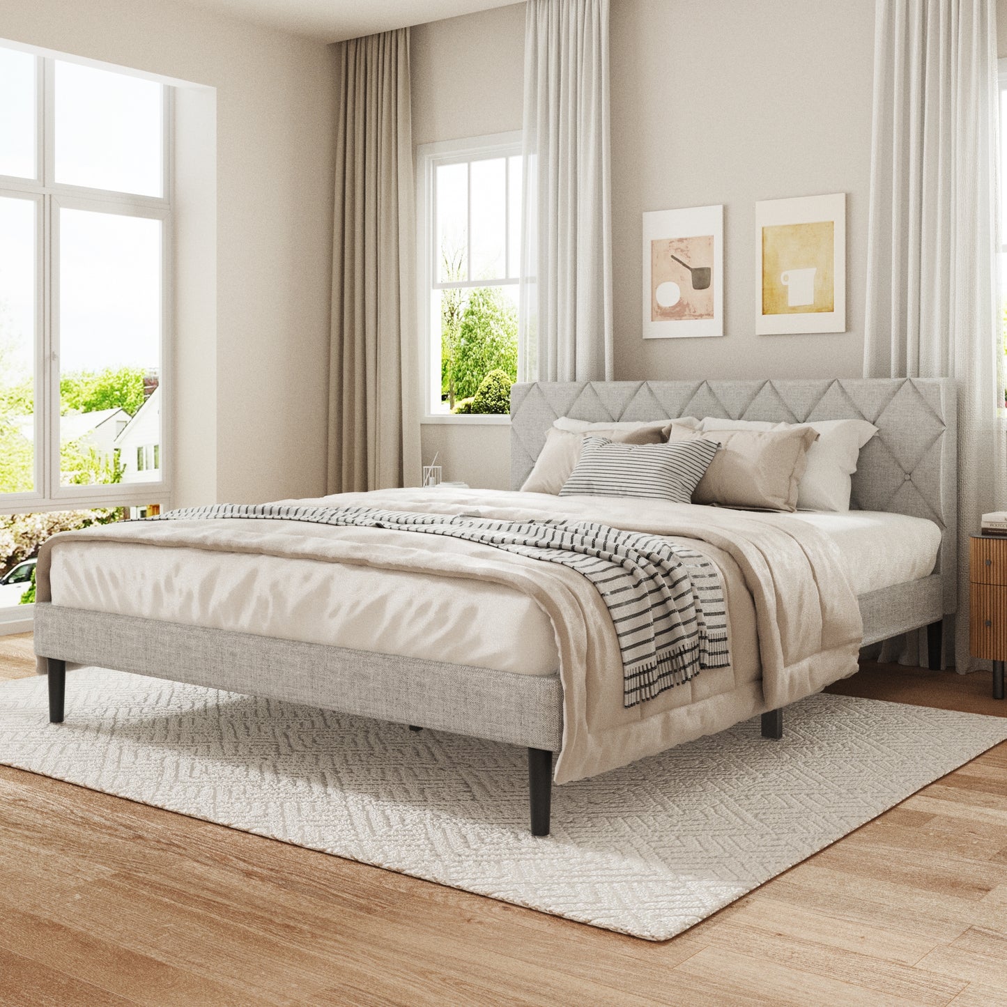 VIPLOV  Bed Frame, Upholstered Platform Bed Frame with Button Tufted Headboard, Mattress Foundation, Wooden Slats Support, Super Easy Assembly,Pink