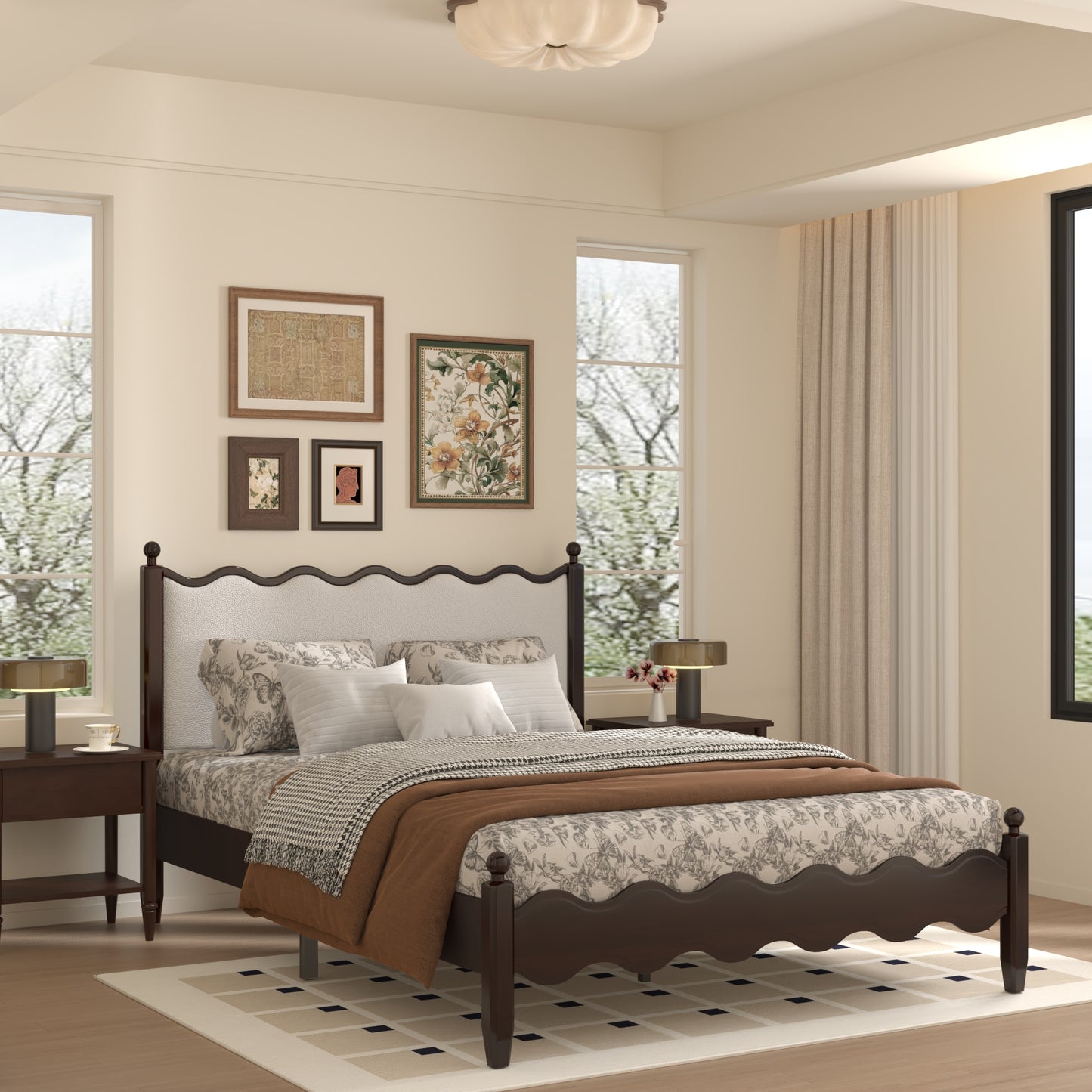 VIPLOV Wood Bed Frame with Vintage Wave Headboard, Leather Upholstered Bed Frame, Mattress Foundation, Easy Assembly