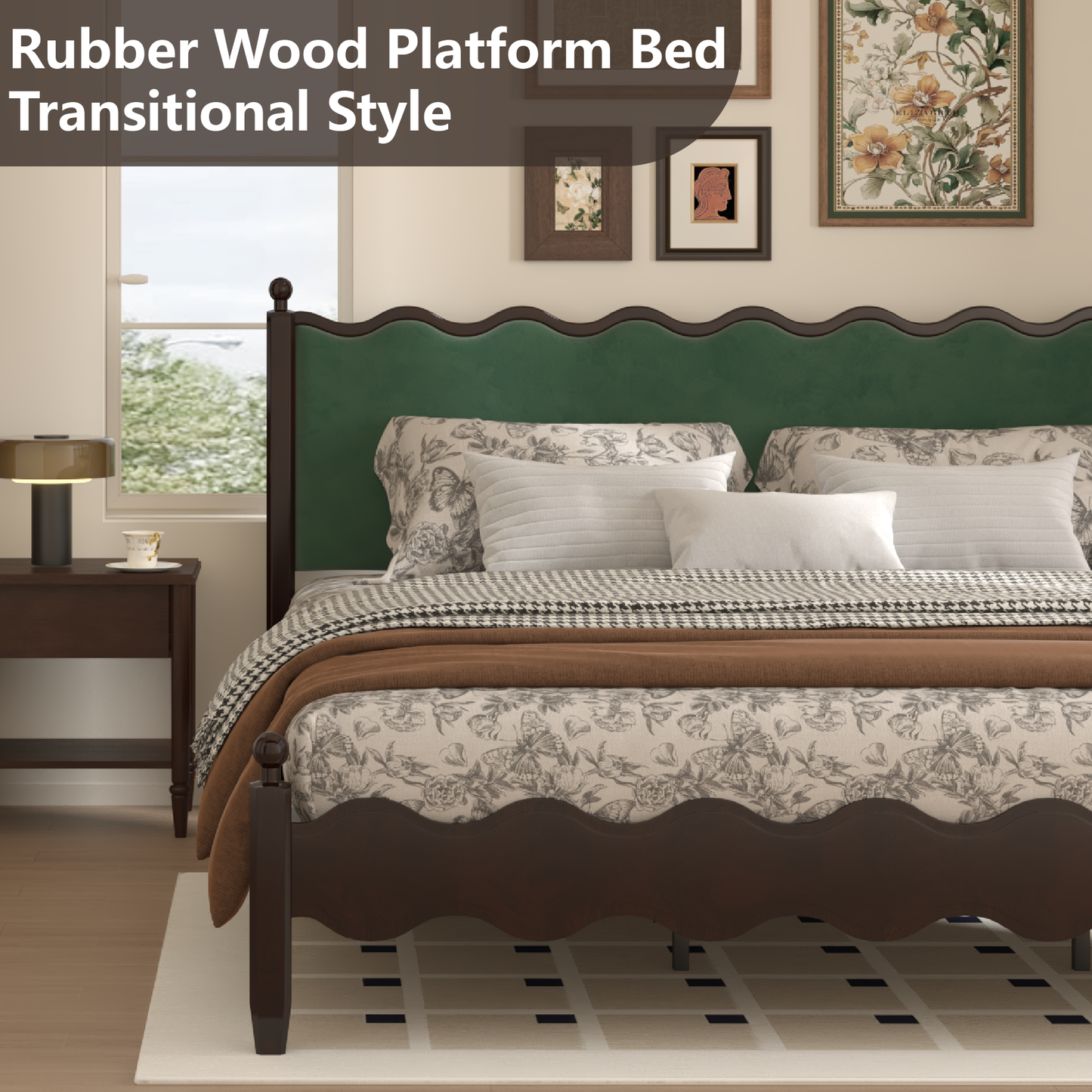 VIPLOV Wood Bed Frame with Vintage Wave Headboard, Leather Upholstered Bed Frame, Mattress Foundation, Easy Assembly