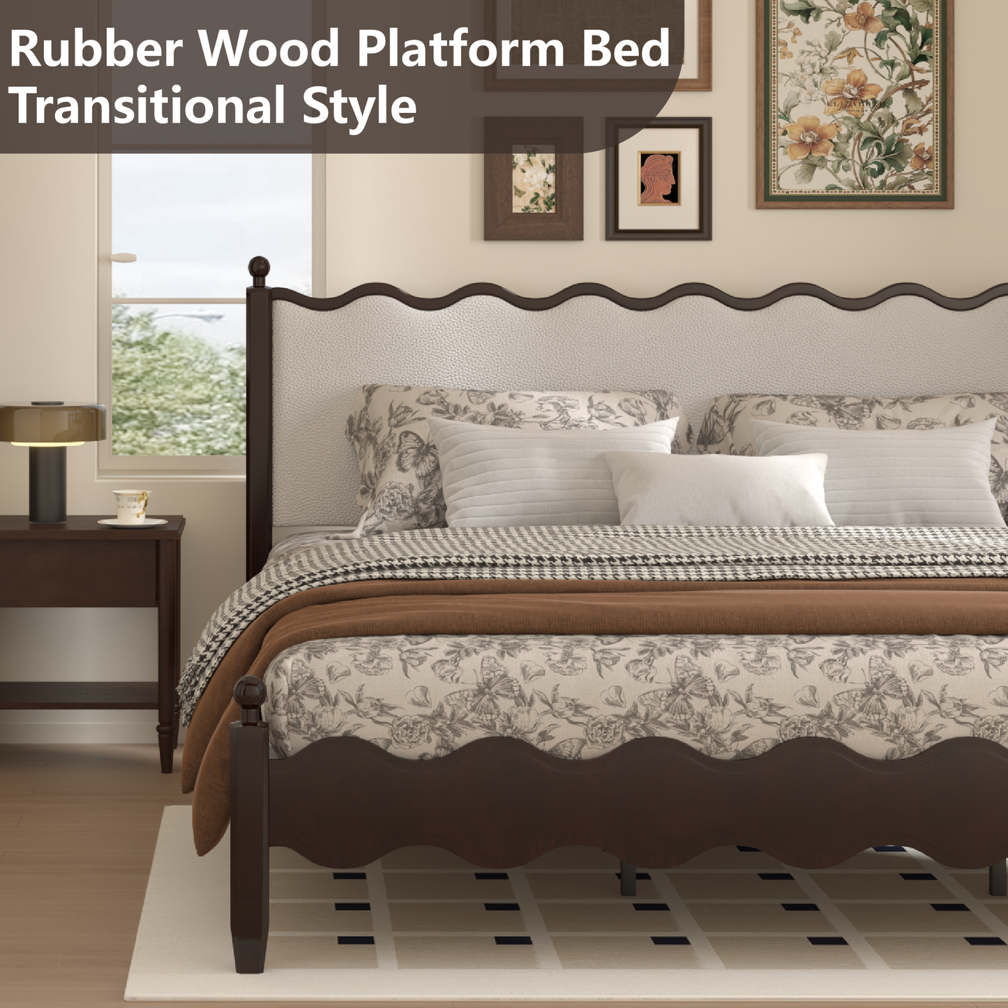 VIPLOV Wood Bed Frame with Vintage Wave Headboard, Leather Upholstered Bed Frame, Mattress Foundation, Easy Assembly
