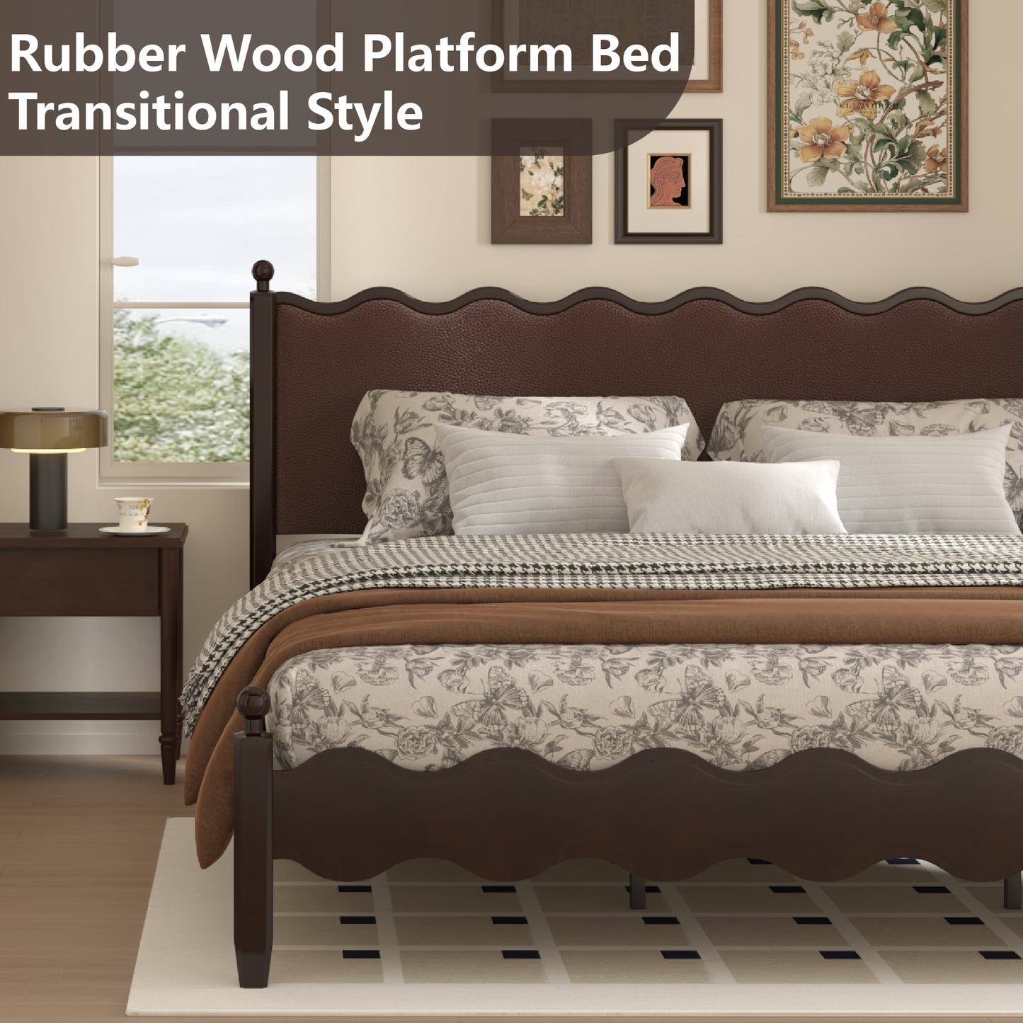 VIPLOV Wood Bed Frame with Vintage Wave Headboard, Leather Upholstered Bed Frame, Mattress Foundation, Easy Assembly