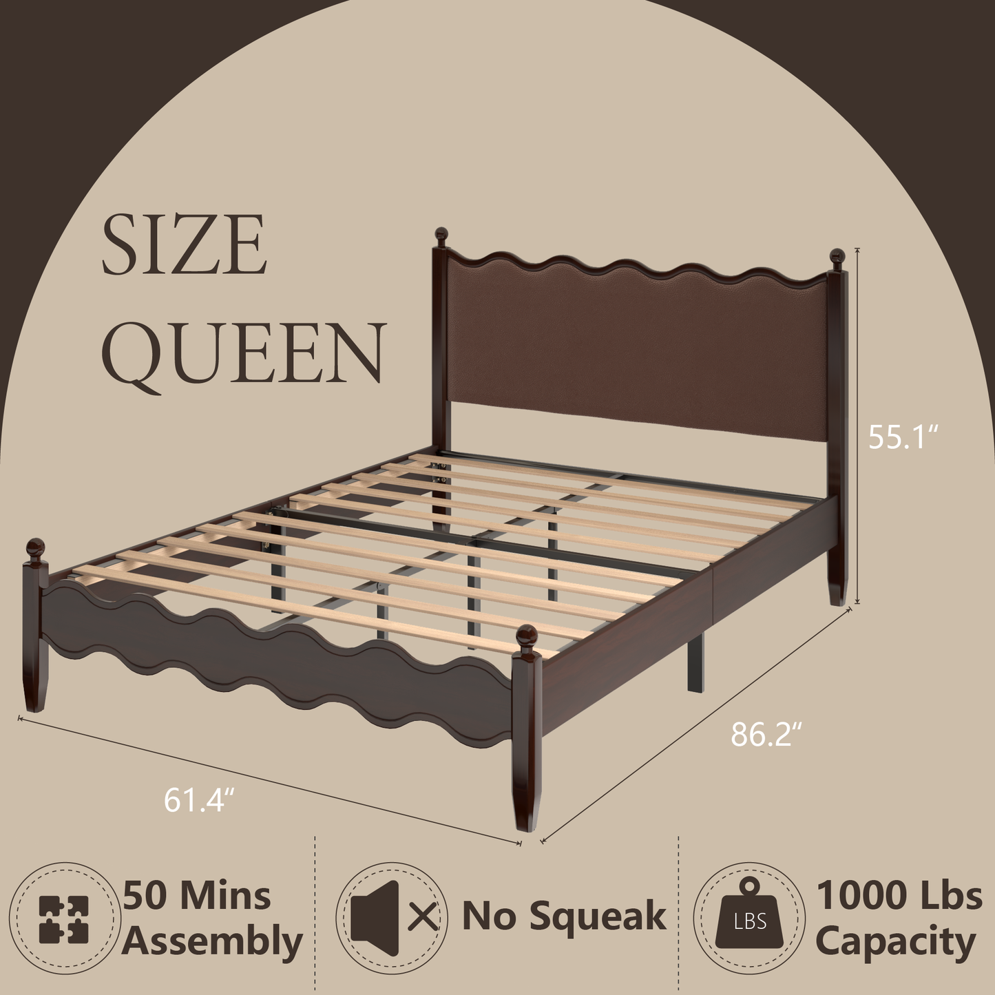 VIPLOV Wood Bed Frame with Vintage Wave Headboard, Leather Upholstered Bed Frame, Mattress Foundation, Easy Assembly