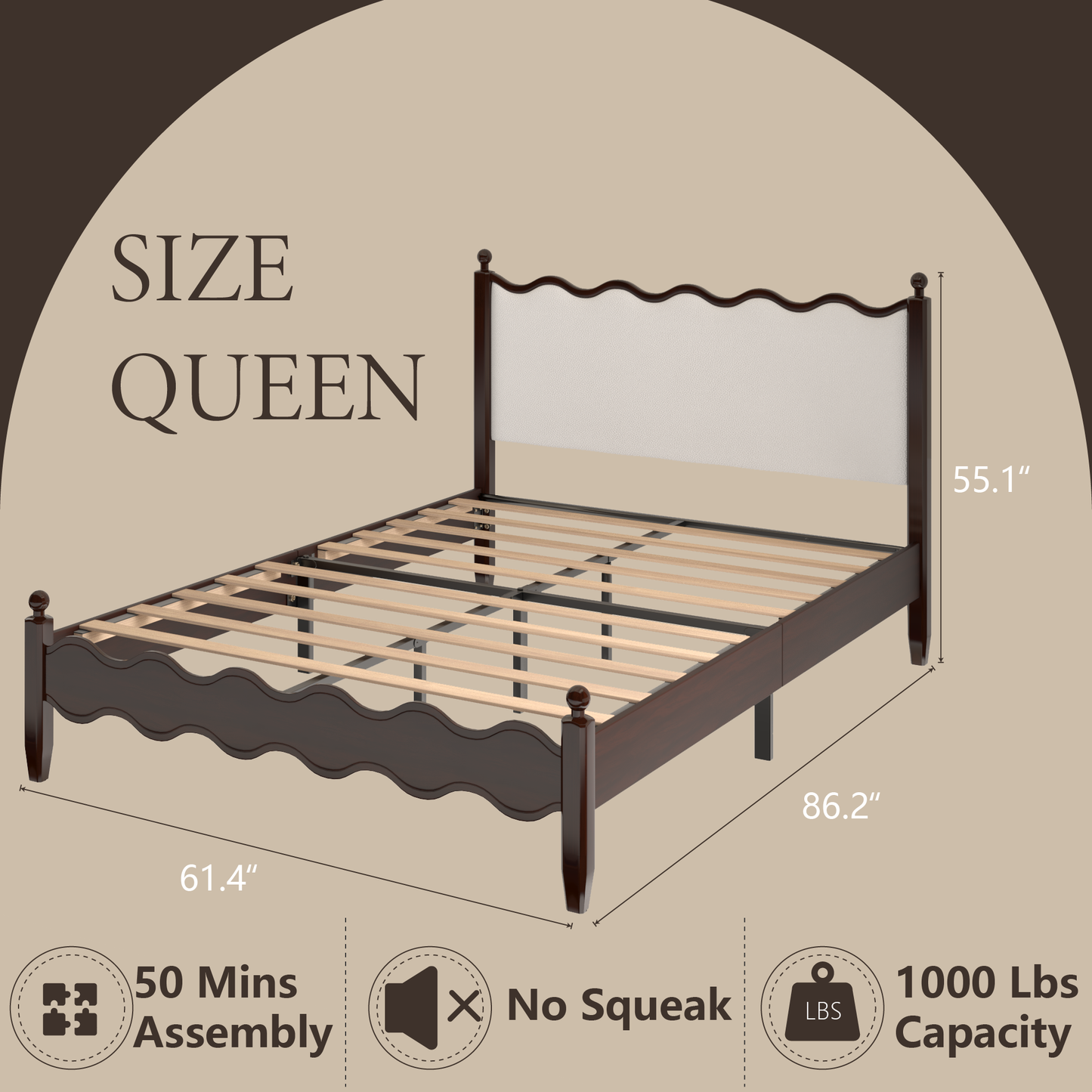 VIPLOV Wood Bed Frame with Vintage Wave Headboard, Leather Upholstered Bed Frame, Mattress Foundation, Easy Assembly
