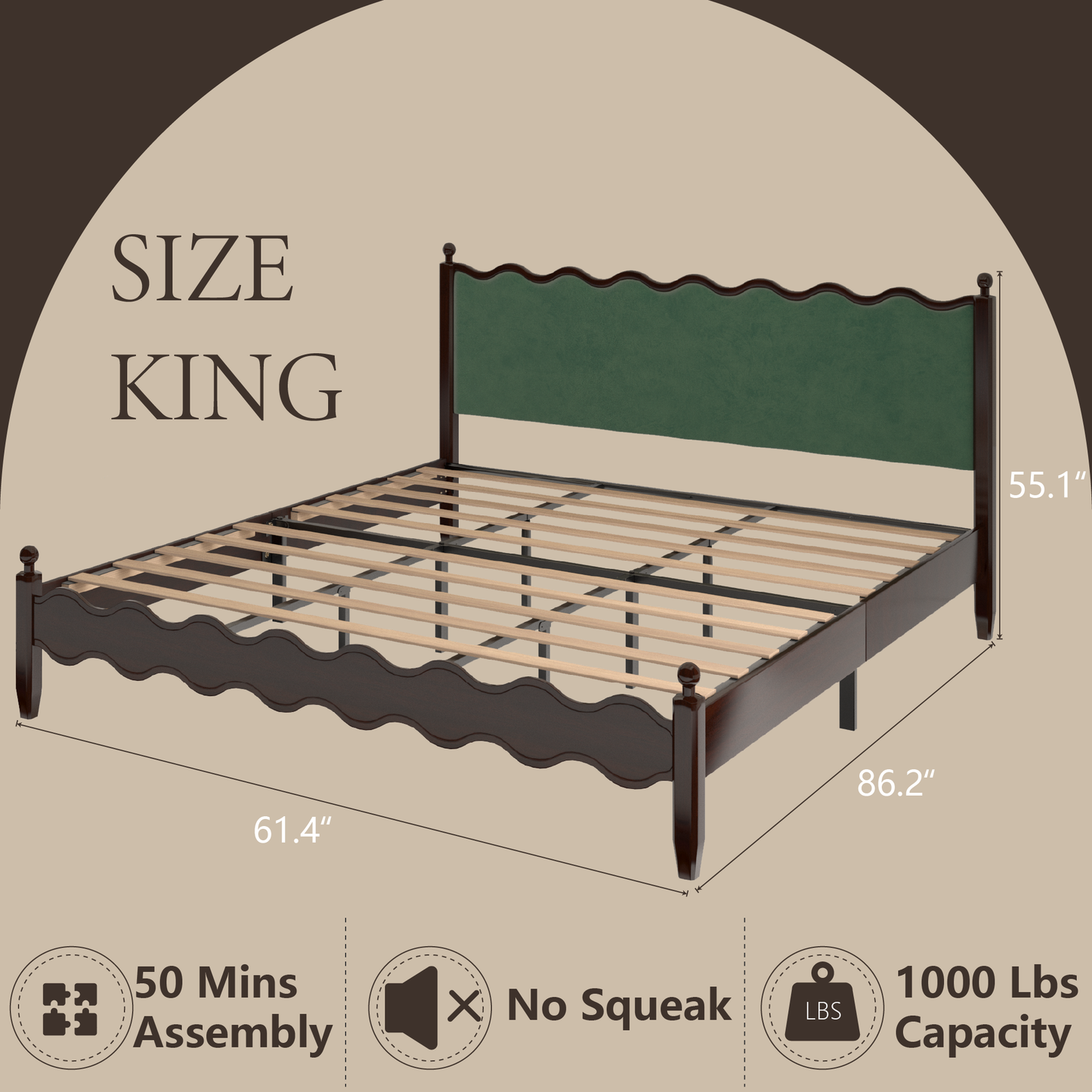 VIPLOV Wood Bed Frame with Vintage Wave Headboard, Leather Upholstered Bed Frame, Mattress Foundation, Easy Assembly